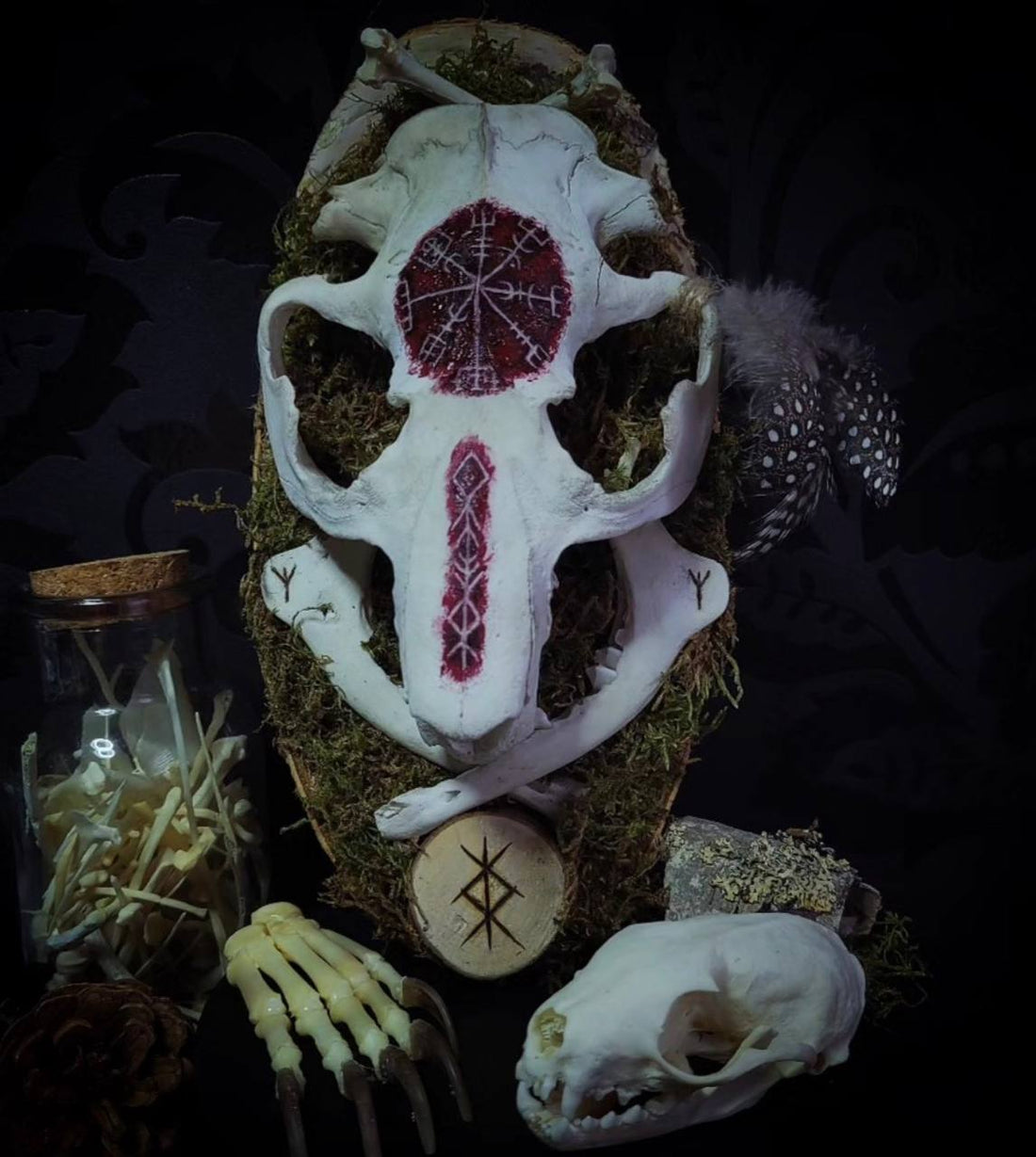 Handmade Nordic relic — roe deer skull with hand-painted Vegvísir runic compass in deep red, Tiwaz runes, moss, feathers and small animal skull | Morbid Oddities