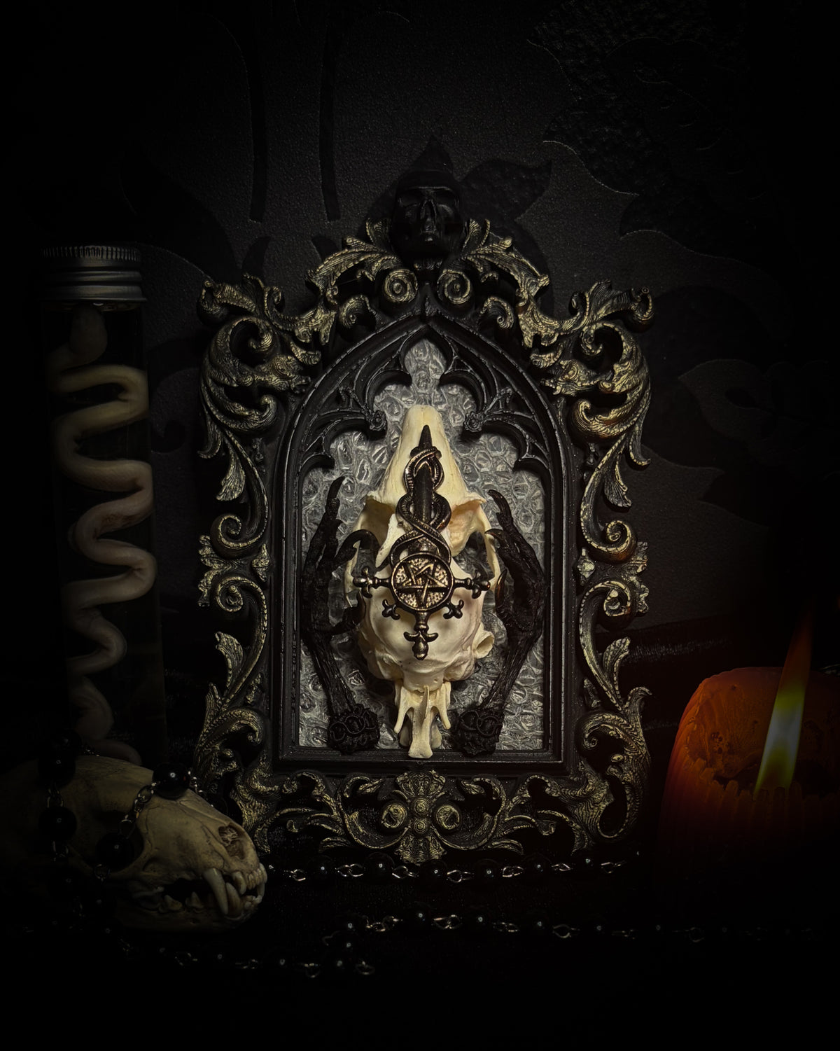 Unholy Hare — one-of-a-kind handmade gothic tracery frame with a real rabbit skull on snake skin, painted dove feet with gilded claws, a gold cross with pentagram and serpent, and a ring of marten fur
