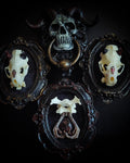 handmade gothic triptych with real mink skulls sculpted horns devil mask black velvet dark occult wall decor