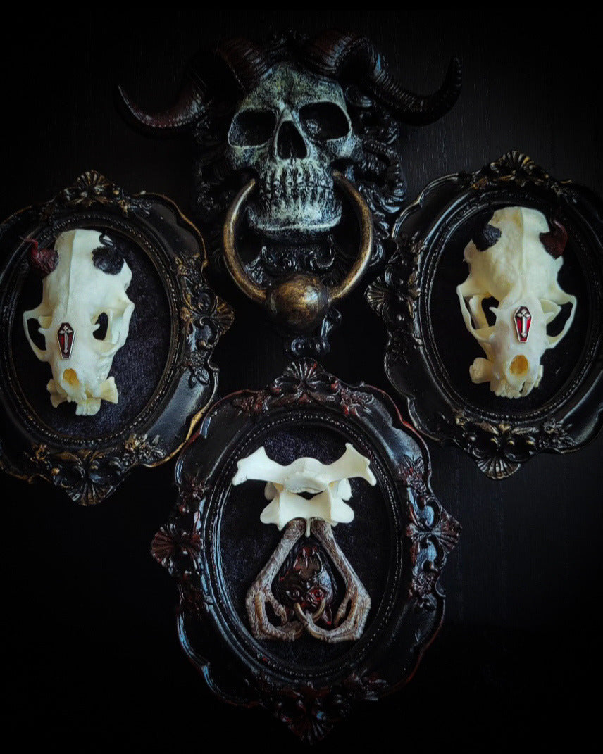 handmade gothic triptych with real mink skulls sculpted horns devil mask black velvet dark occult wall decor