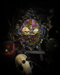 Handmade gothic shadowbox with bat skull, mouse skull and amethyst crystal vial in ornate black and gold frame | Morbid Oddities