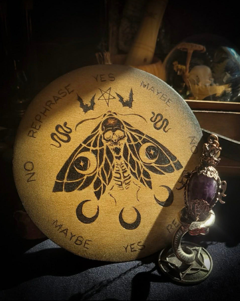 Handmade gothic pyrography pendulum board — moth sigil burned into natural wood, divination responses engraved, ritual tool, 16cm