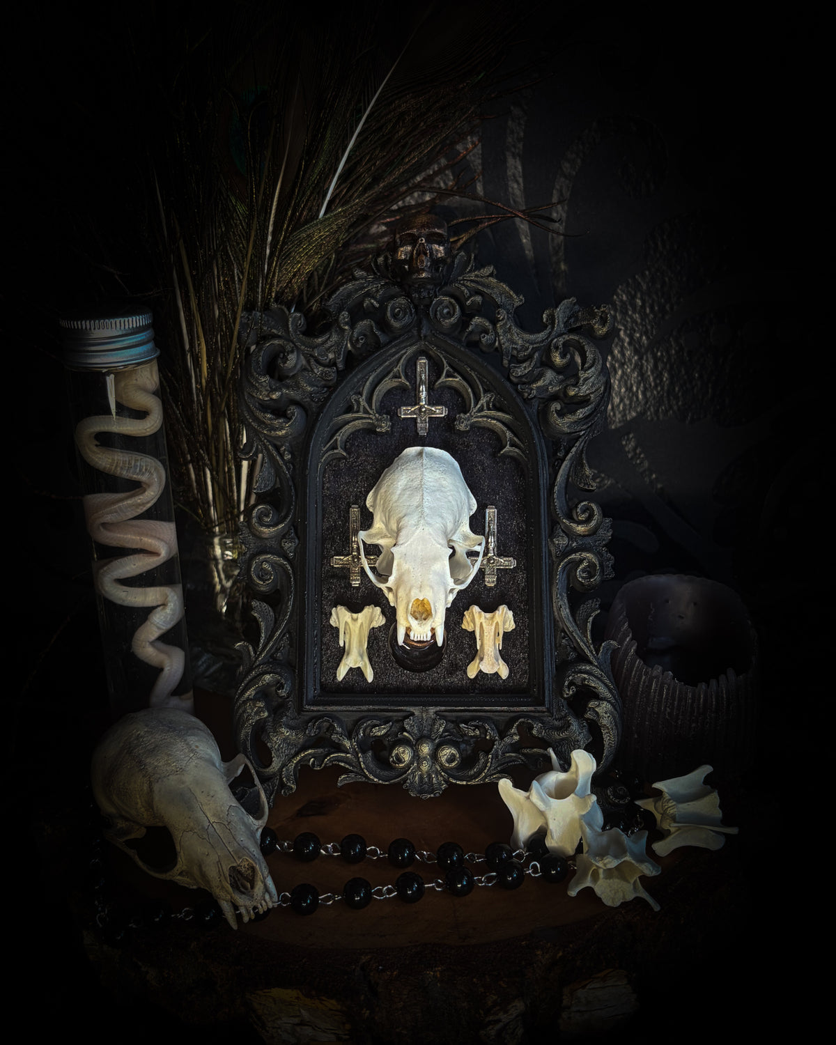 The Last Sacrament gothic frame with a mink skull, “blood” vial, two bird vertebrae and three inverted crosses on black velvet.