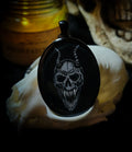 Handmade gothic necklace — hand-painted horned skull, oval resin pendant with metal frame and chain