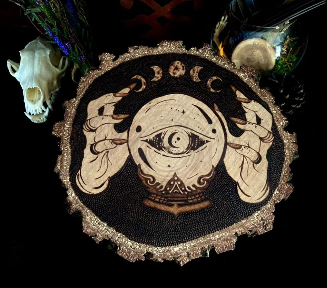 Handmade gothic pyrography on natural wood — custom occult, deity and witchcraft designs hand-burned to order, altar decor and ritual art