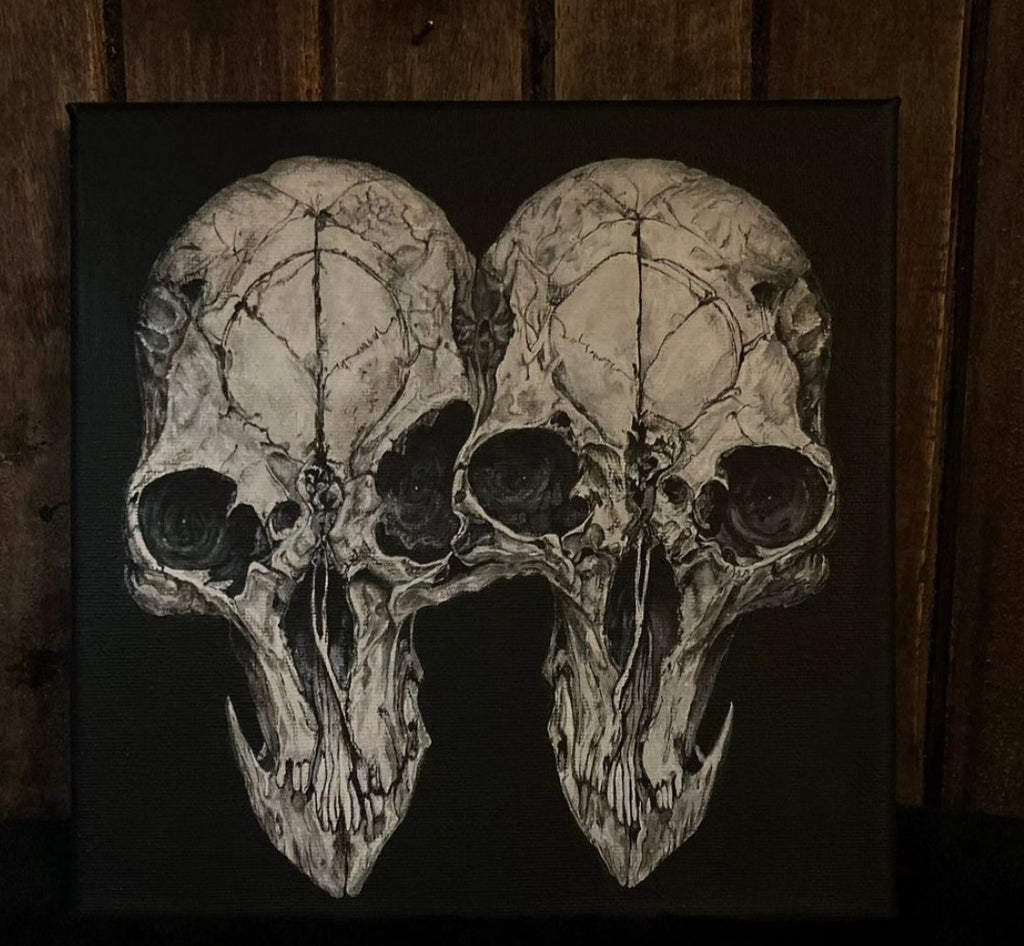 Custom Painting — hand-painted gothic skull and skeleton artwork, made to order. Realistic anatomical painting on canvas in handmade wooden frame, sealed with protective varnish. Original dark art commission by Morbid Oddities.

