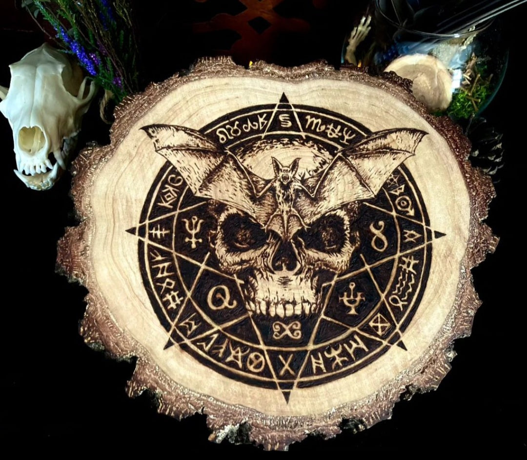 Handmade gothic pyrography on natural wood — custom occult, deity and witchcraft designs hand-burned to order, altar decor and ritual art
