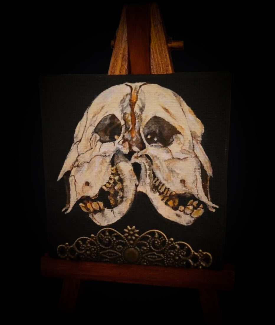 Custom Painting — hand-painted gothic skull and skeleton artwork, made to order. Realistic anatomical painting on canvas in handmade wooden frame, sealed with protective varnish. Original dark art commission by Morbid Oddities.

