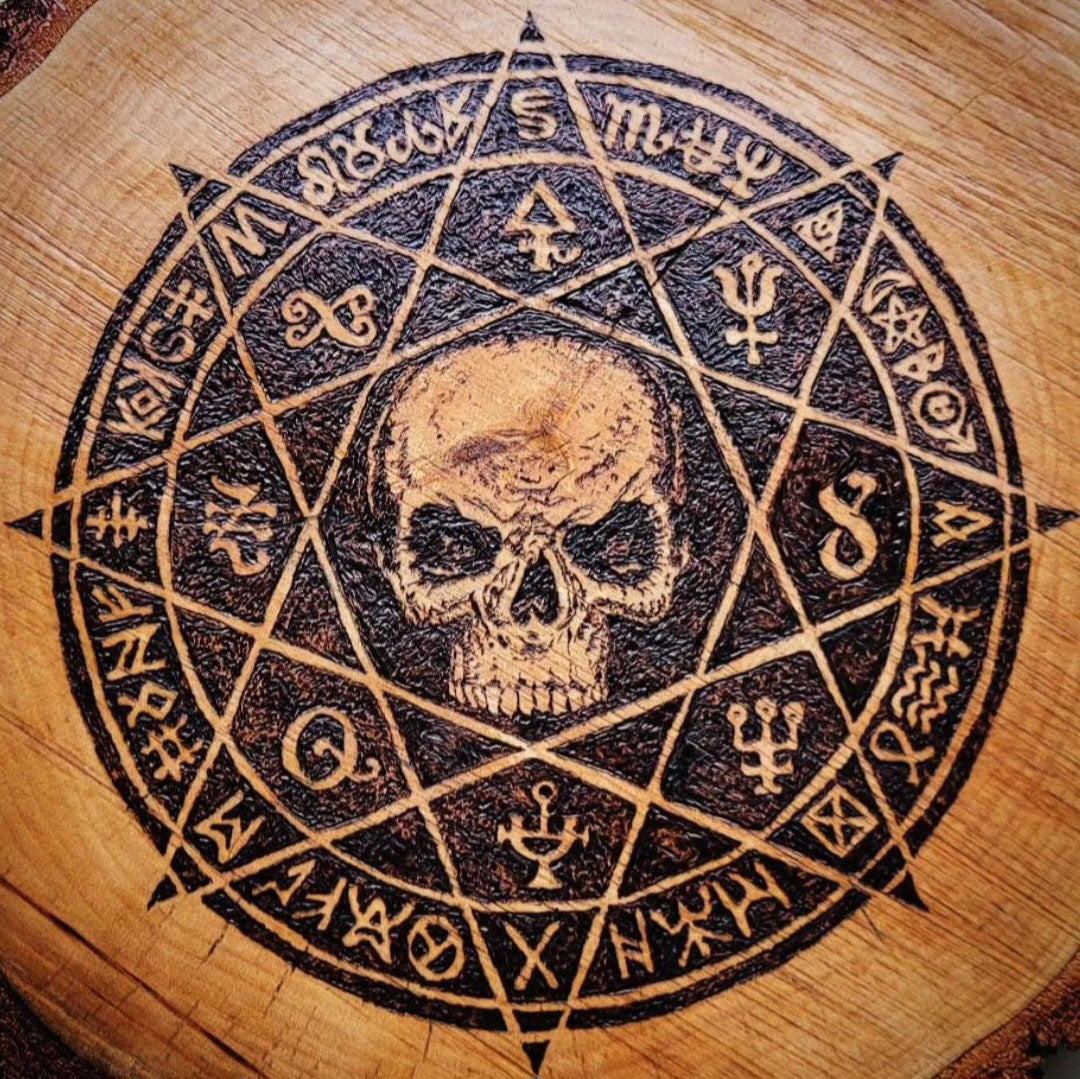 Handmade gothic pyrography on natural wood — custom occult, deity and witchcraft designs hand-burned to order, altar decor and ritual art