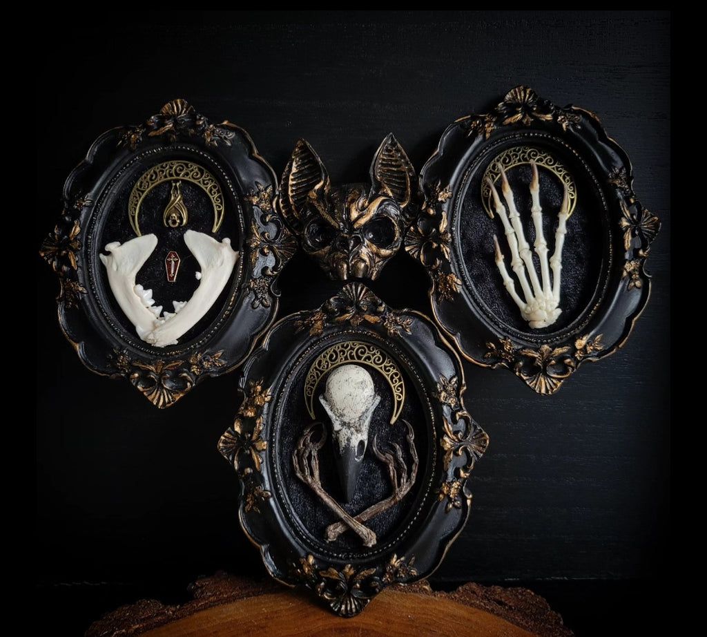 Triptych — handmade gothic triptych shadowbox, made to order. Set of 3 conjoined ornate gothic frames with real bones, skulls and decorative elements, fully hand-assembled. Dark collectible wall decor commission by Morbid Oddities.