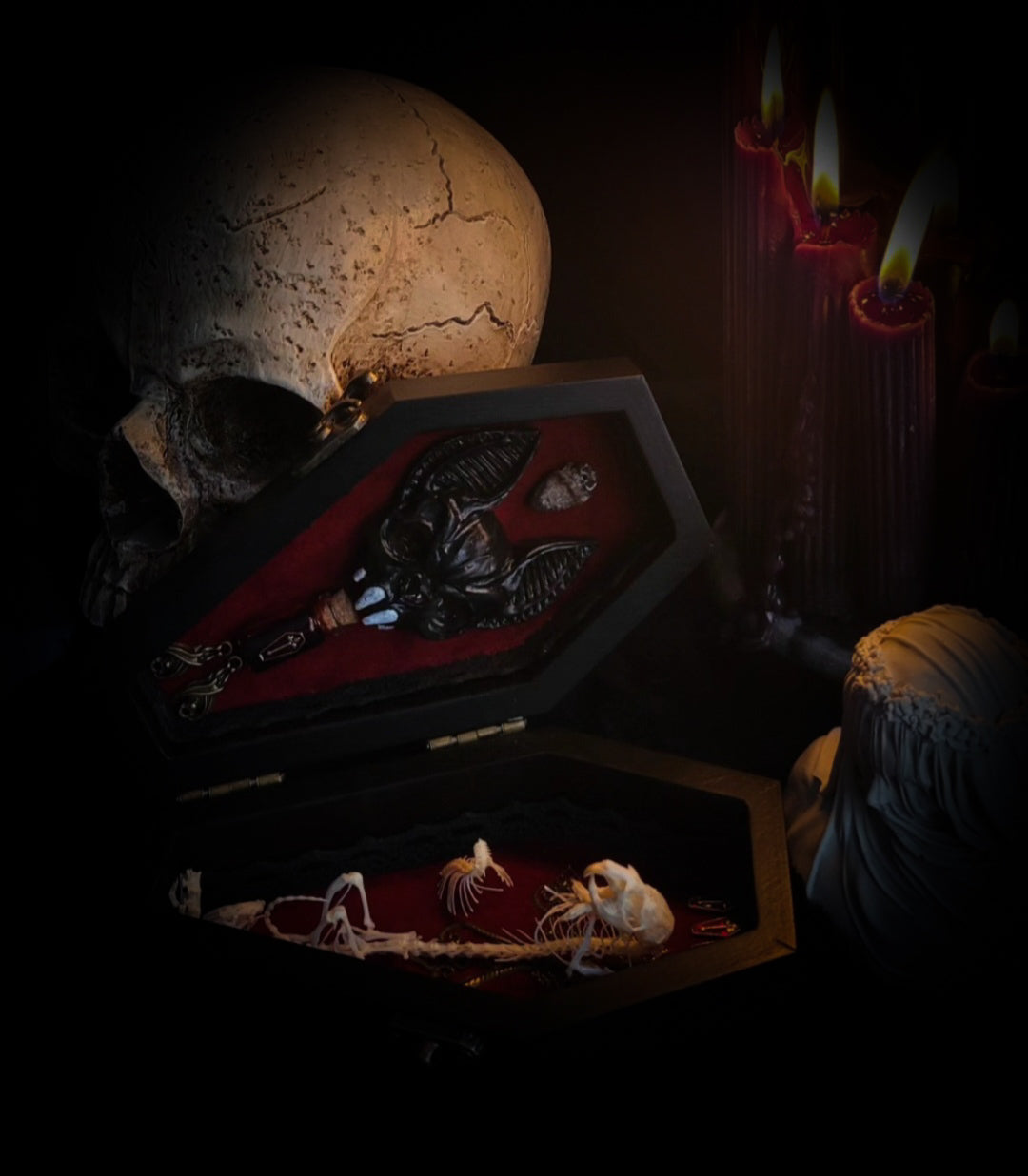 Count Mousula | Vampires — handmade gothic coffin display with preserved mouse skeleton, mummified heart, small skulls and bones on deep red velvet interior with lace ornaments, hinged lid, 15.5x9cm