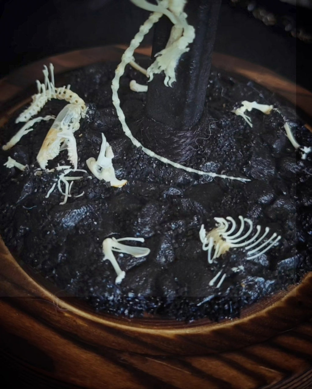 Crucifixa — handmade gothic glass dome display, made to order. Real mouse skeleton mounted on a cross under glass cloche on wooden base with occult elements, decorative bones and skeletal details. Dark ritual shrine decor.