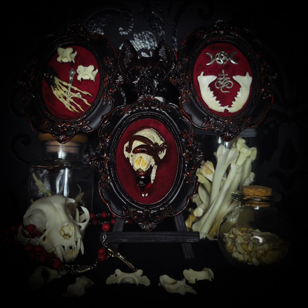 Triptych — handmade gothic triptych shadowbox, made to order. Set of 3 conjoined ornate gothic frames with real bones, skulls and decorative elements, fully hand-assembled. Dark collectible wall decor commission by Morbid Oddities.