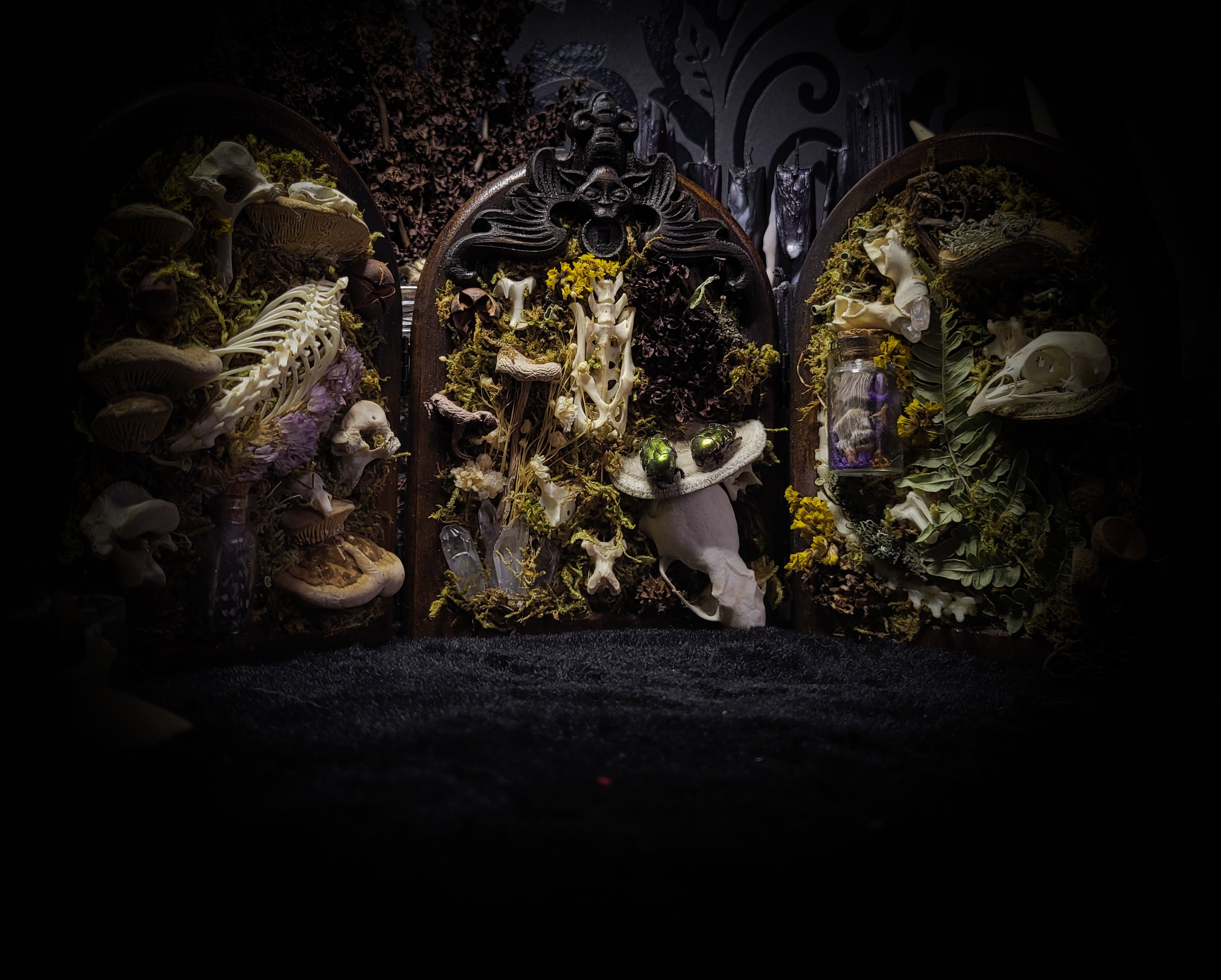 Silva triformis — handmade gothic forest triptych, real bones, moss, botanicals, rock crystals, ornate wooden frames, one of a kind, Morbid Oddities
