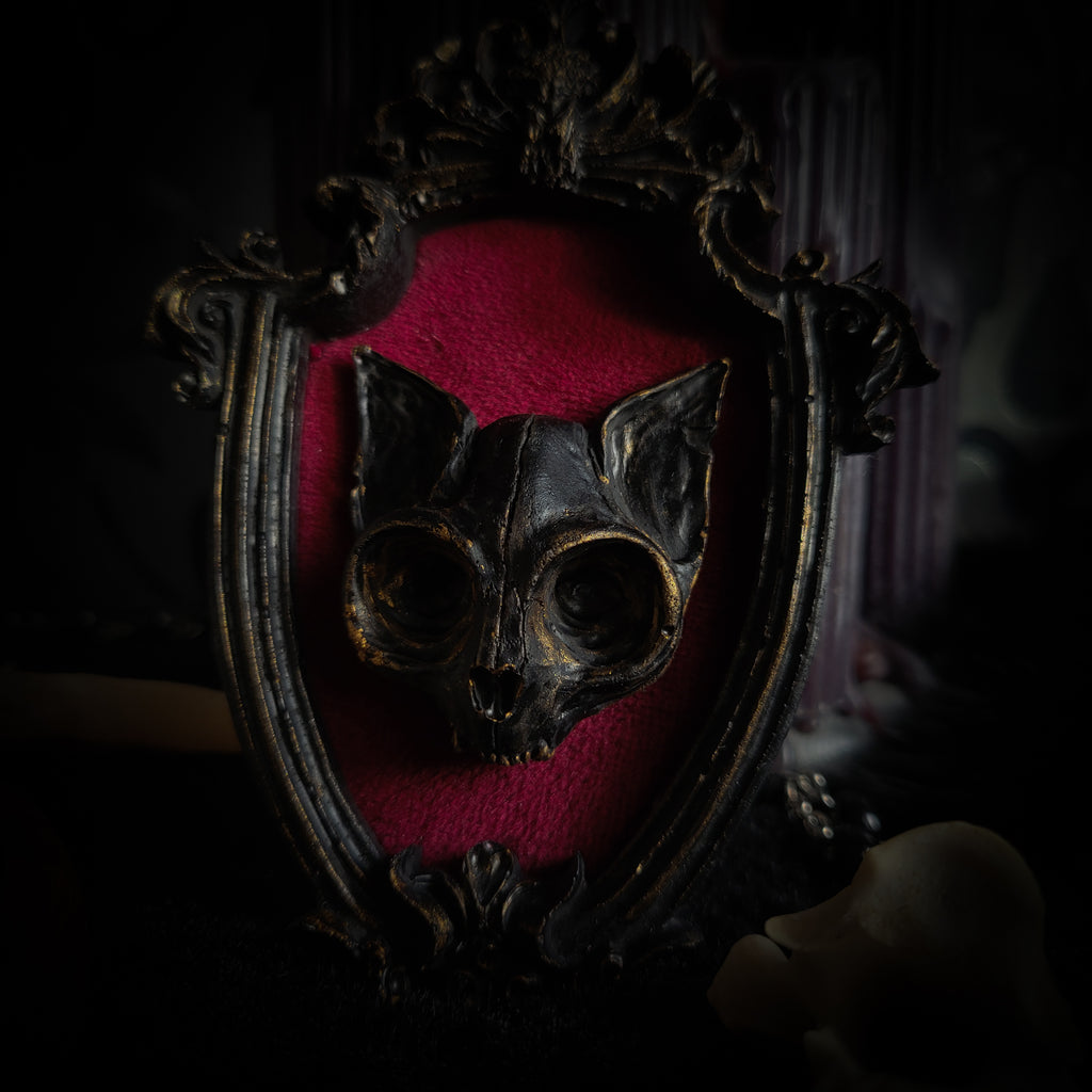 Handmade gothic shadowbox — hand-cast cat skull on velvet, ornate baroque frame, vampiric design, made to order, 8x12cm