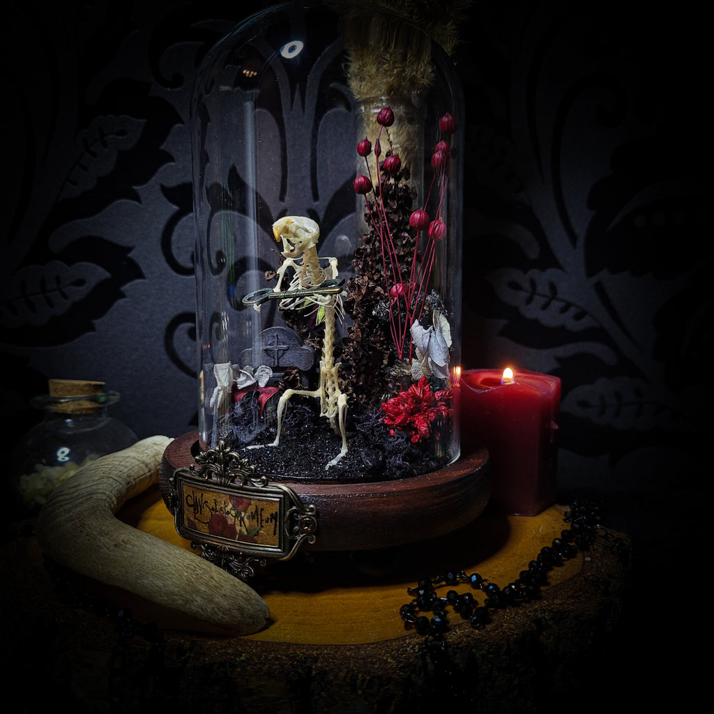 Key-keeper | Gothic — handmade gothic display with real mouse skeleton, ornamented key, miniature tombstone, preserved florals and Latin inscription plaque under glass dome on hand-painted wooden base, 17.5x11cm