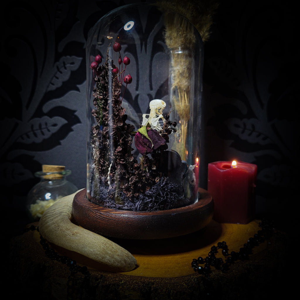 Key-keeper | Gothic — handmade gothic display with real mouse skeleton, ornamented key, miniature tombstone, preserved florals and Latin inscription plaque under glass dome on hand-painted wooden base, 17.5x11cm