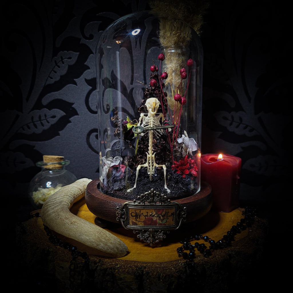 Key-keeper | Gothic — handmade gothic display with real mouse skeleton, ornamented key, miniature tombstone, preserved florals and Latin inscription plaque under glass dome on hand-painted wooden base, 17.5x11cm