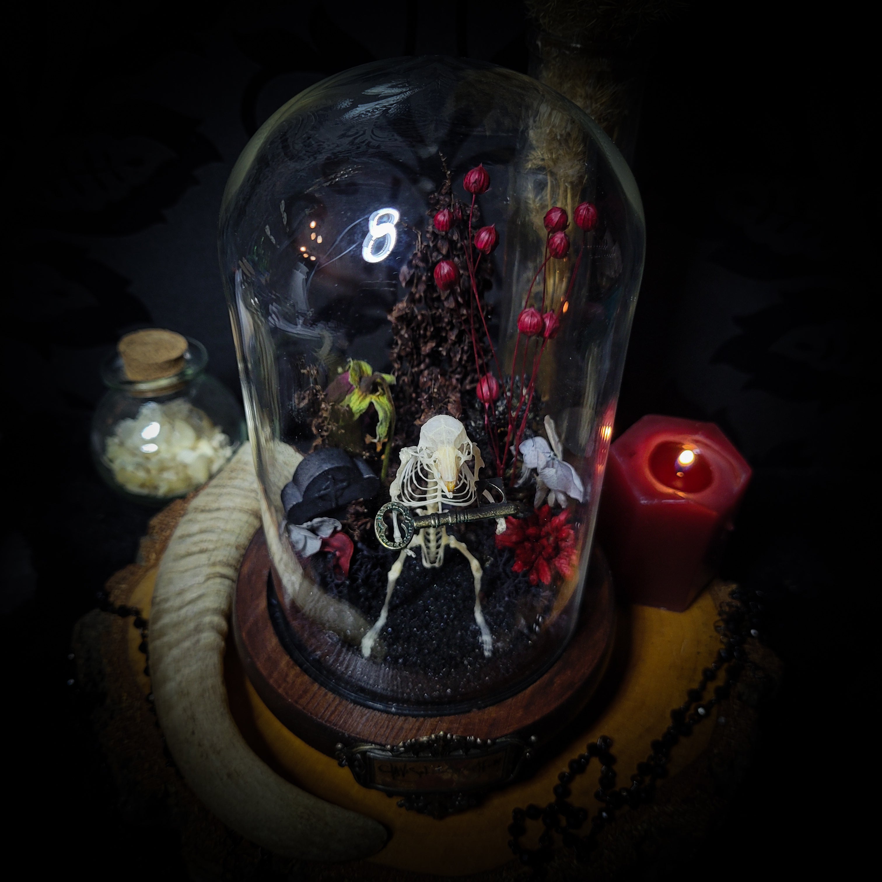 Key-keeper | Gothic — handmade gothic display with real mouse skeleton, ornamented key, miniature tombstone, preserved florals and Latin inscription plaque under glass dome on hand-painted wooden base, 17.5x11cm