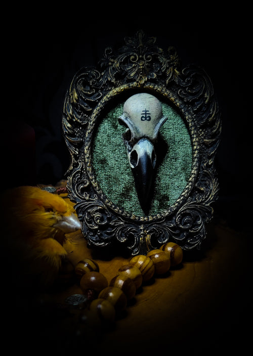 Handmade gothic shadowbox — hand-cast crow skull with Leviathan Sigil on velvet, ornate baroque frame, made to order, 7x11cm