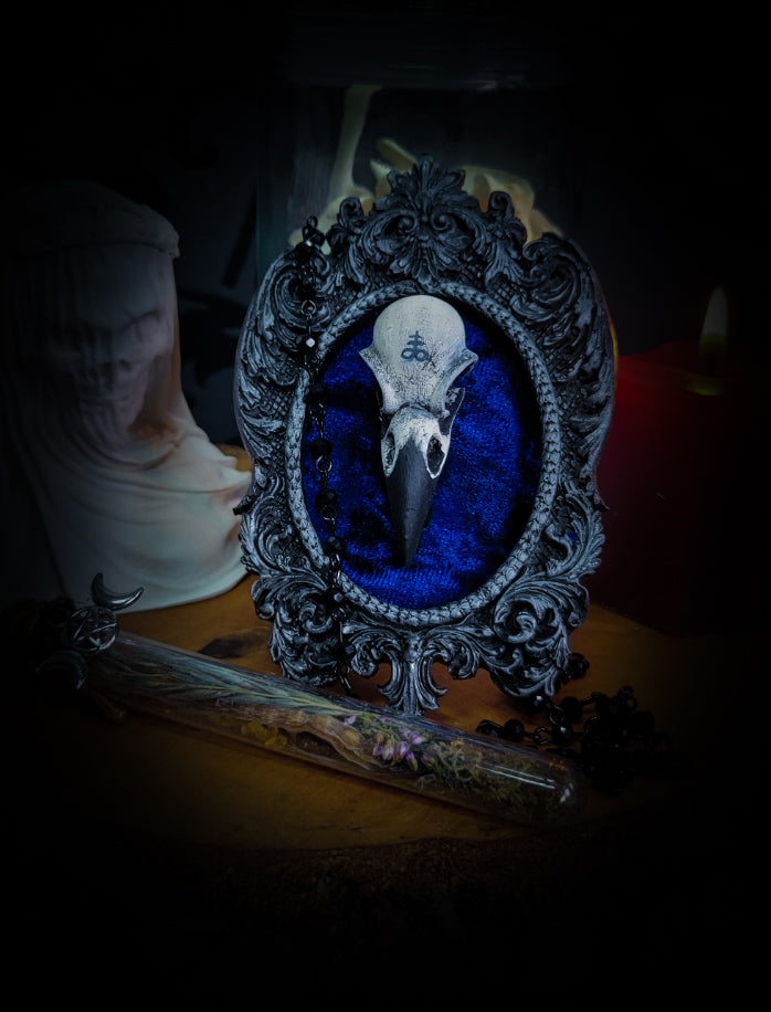 Handmade gothic shadowbox — hand-cast crow skull with Leviathan Sigil on velvet, ornate baroque frame, made to order, 7x11cm