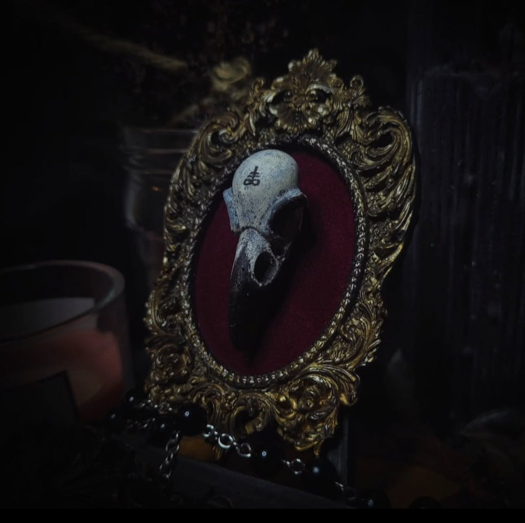Handmade gothic shadowbox — hand-cast crow skull with Leviathan Sigil on velvet, ornate baroque frame, made to order, 7x11cm