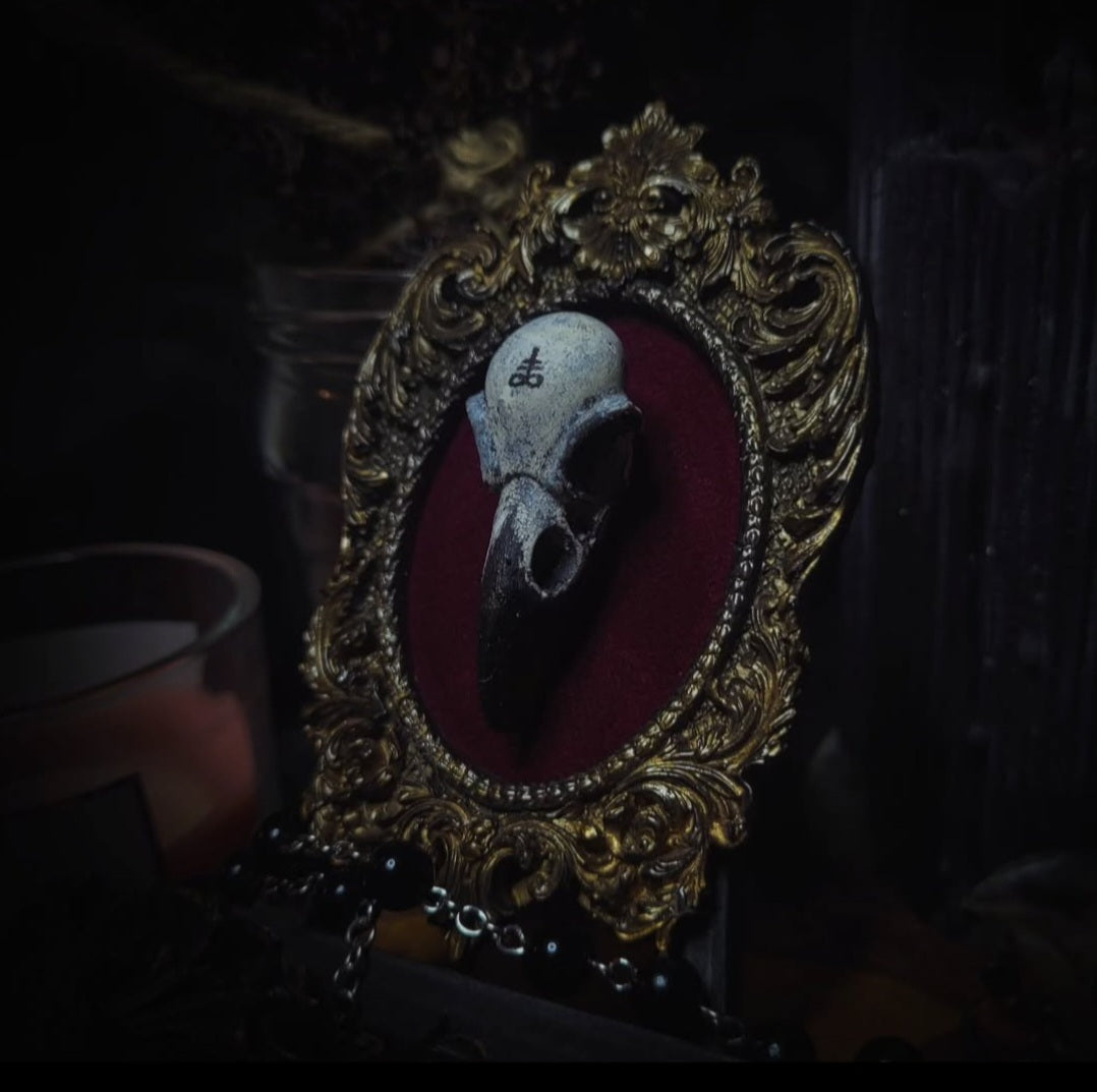Handmade gothic shadowbox — hand-cast crow skull with Leviathan Sigil on velvet, ornate baroque frame, made to order, 7x11cm
