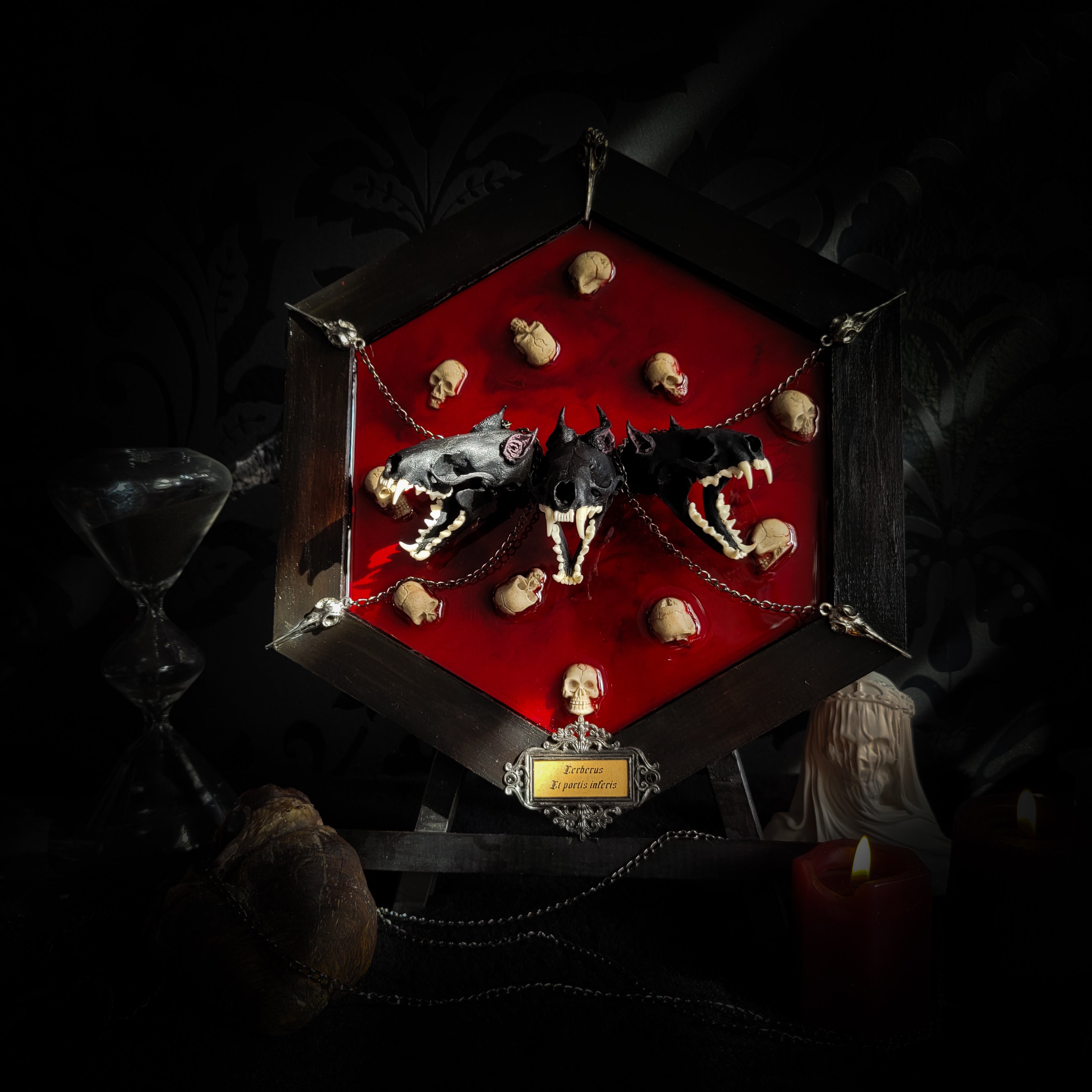 Decorative display case with skulls and bones on a dark background Cerberus | Collectors Work — handmade gothic wall decor with three real mink skulls, sculpted ears and tongues, decorative chains, silver crow ornaments and Latin inscription plaque on deep red velvet, hexagon frame, 23x27cm