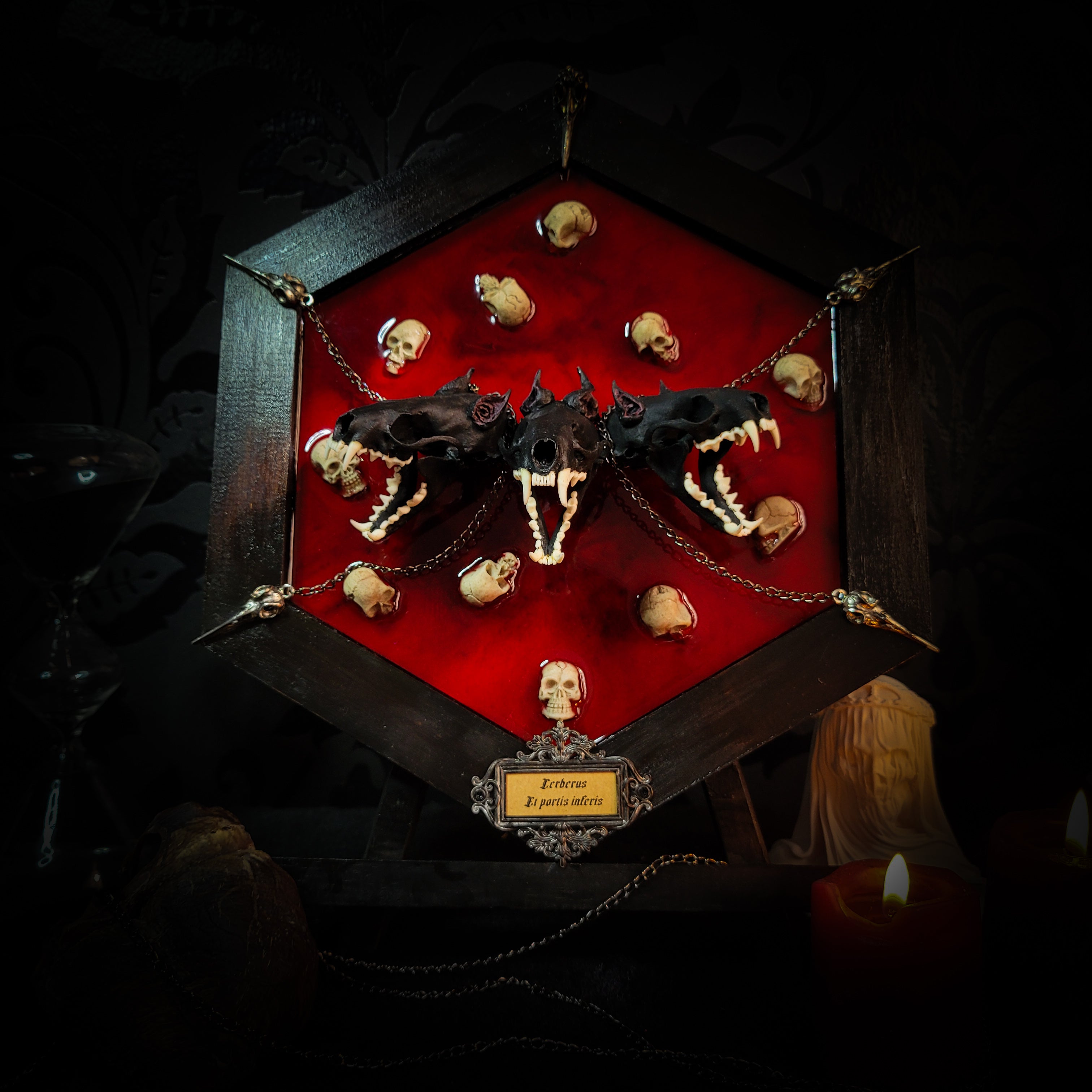 Cerberus | Collectors Work — handmade gothic wall decor with three real mink skulls, sculpted ears and tongues, decorative chains, silver crow ornaments and Latin inscription plaque on deep red velvet, hexagon frame, 23x27cm