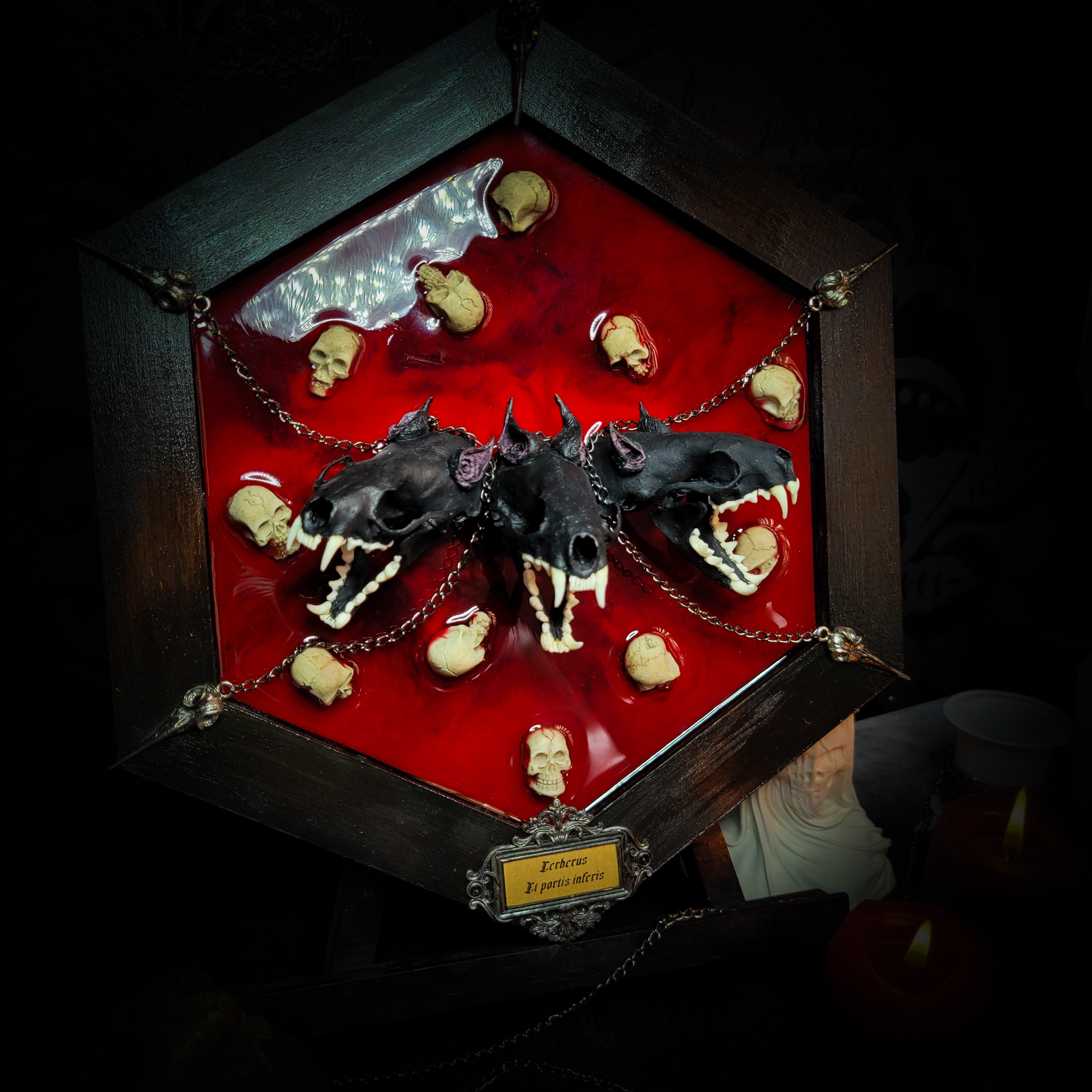 Cerberus | Collectors Work — handmade gothic wall decor with three real mink skulls, sculpted ears and tongues, decorative chains, silver crow ornaments and Latin inscription plaque on deep red velvet, hexagon frame, 23x27cm