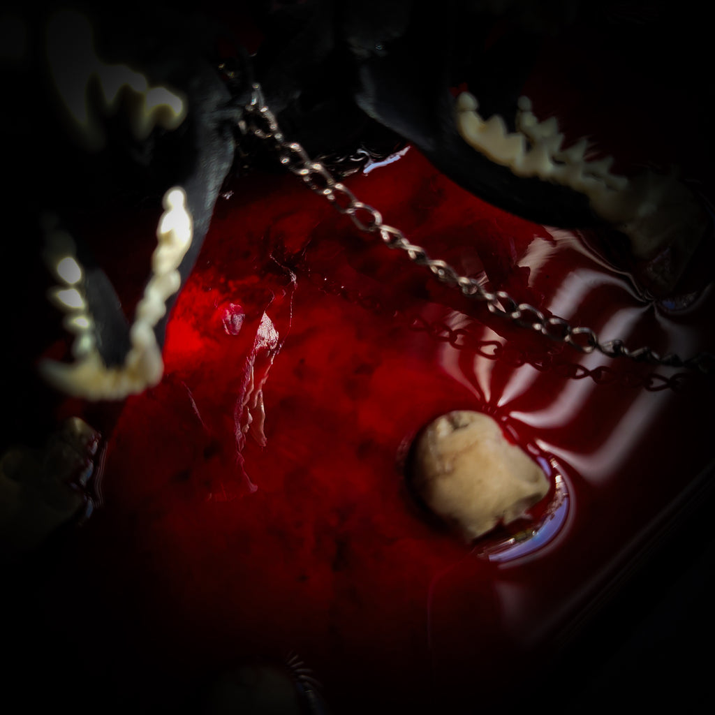 Cerberus | Collectors Work — handmade gothic wall decor with three real mink skulls, sculpted ears and tongues, decorative chains, silver crow ornaments and Latin inscription plaque on deep red velvet, hexagon frame, 23x27cm