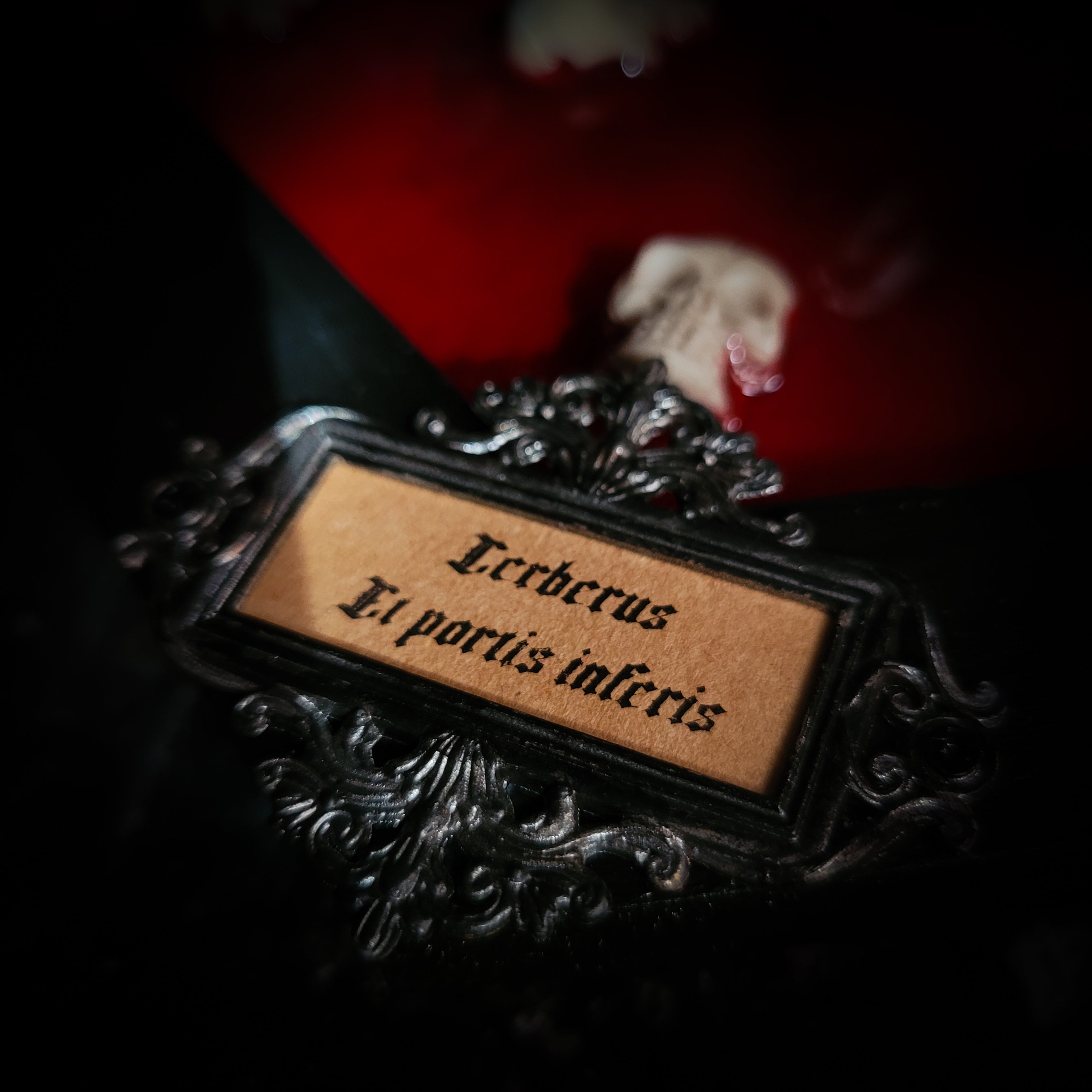 Cerberus | Collectors Work — handmade gothic wall decor with three real mink skulls, sculpted ears and tongues, decorative chains, silver crow ornaments and Latin inscription plaque on deep red velvet, hexagon frame, 23x27cm