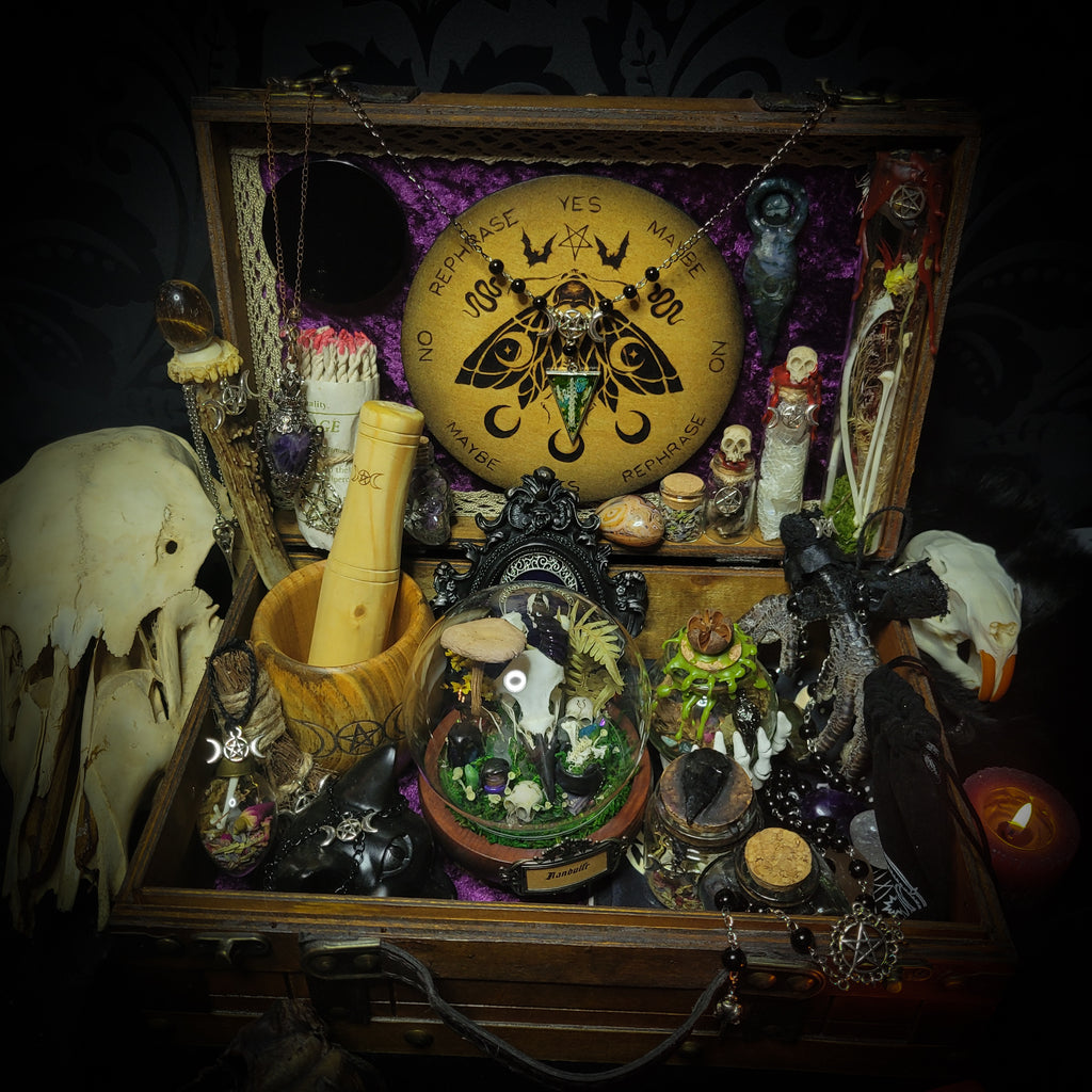 Universal Witch Altar Box — handmade witch altar box, made to order. Custom portable ritual space with pendulum board, obsidian scrying mirror, spell jars, wand, crystals, bones and symbolic elements. Dark witchcraft commission by Morbid Oddities.