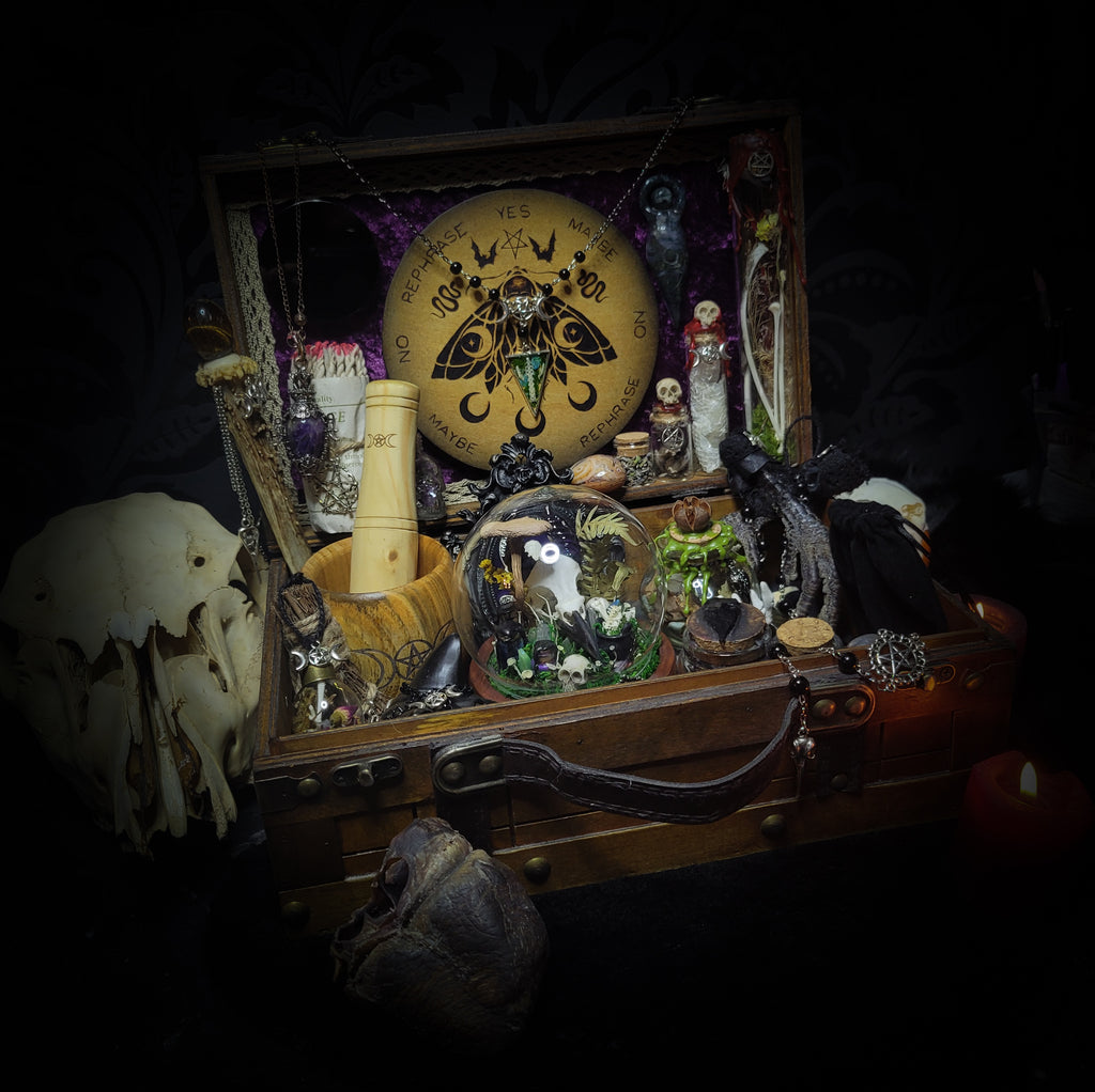 Universal Witch Altar Box — handmade witch altar box, made to order. Custom portable ritual space with pendulum board, obsidian scrying mirror, spell jars, wand, crystals, bones and symbolic elements. Dark witchcraft commission by Morbid Oddities.