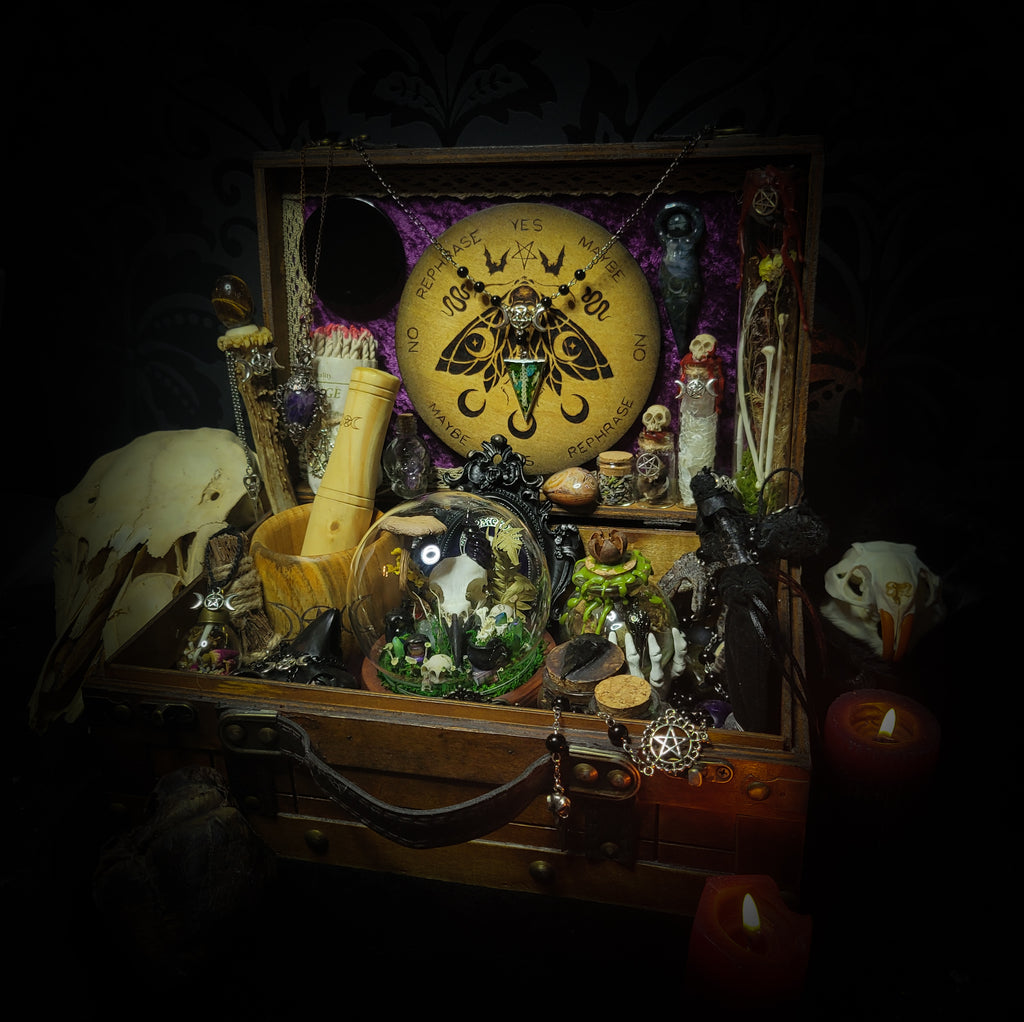 Universal Witch Altar Box — handmade witch altar box, made to order. Custom portable ritual space with pendulum board, obsidian scrying mirror, spell jars, wand, crystals, bones and symbolic elements. Dark witchcraft commission by Morbid Oddities.