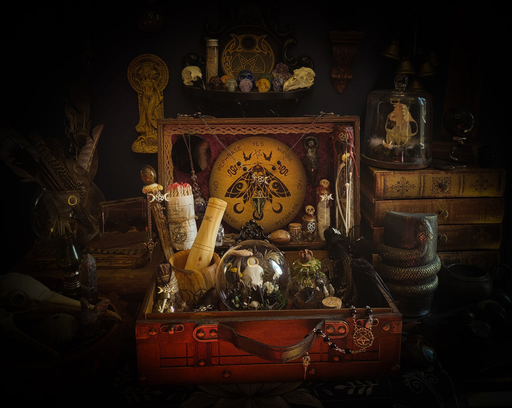 Universal Witch Altar Box — handmade witch altar box, made to order. Custom portable ritual space with pendulum board, obsidian scrying mirror, spell jars, wand, crystals, bones and symbolic elements. Dark witchcraft commission by Morbid Oddities.