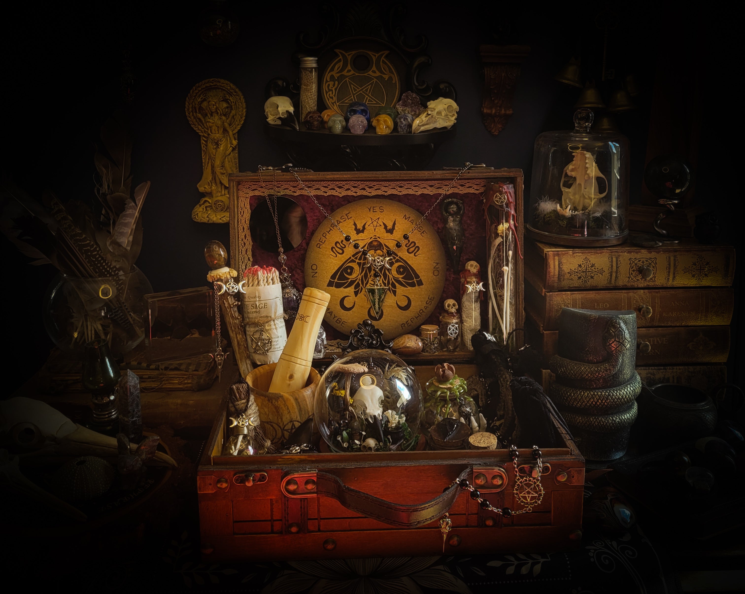 Universal Witch Altar Box — handmade witch altar box, made to order. Custom portable ritual space with pendulum board, obsidian scrying mirror, spell jars, wand, crystals, bones and symbolic elements. Dark witchcraft commission by Morbid Oddities.