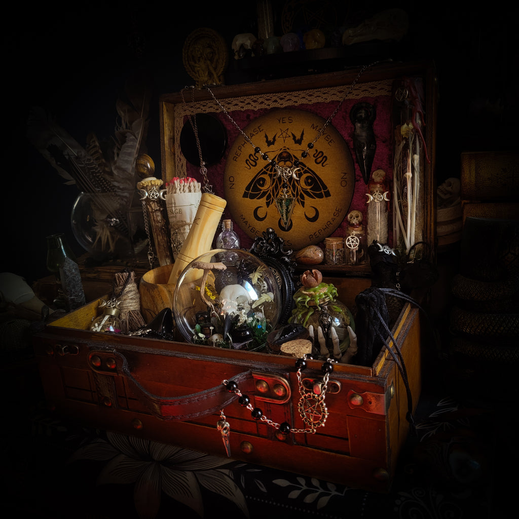 Universal Witch Altar Box — handmade witch altar box, made to order. Custom portable ritual space with pendulum board, obsidian scrying mirror, spell jars, wand, crystals, bones and symbolic elements. Dark witchcraft commission by Morbid Oddities.