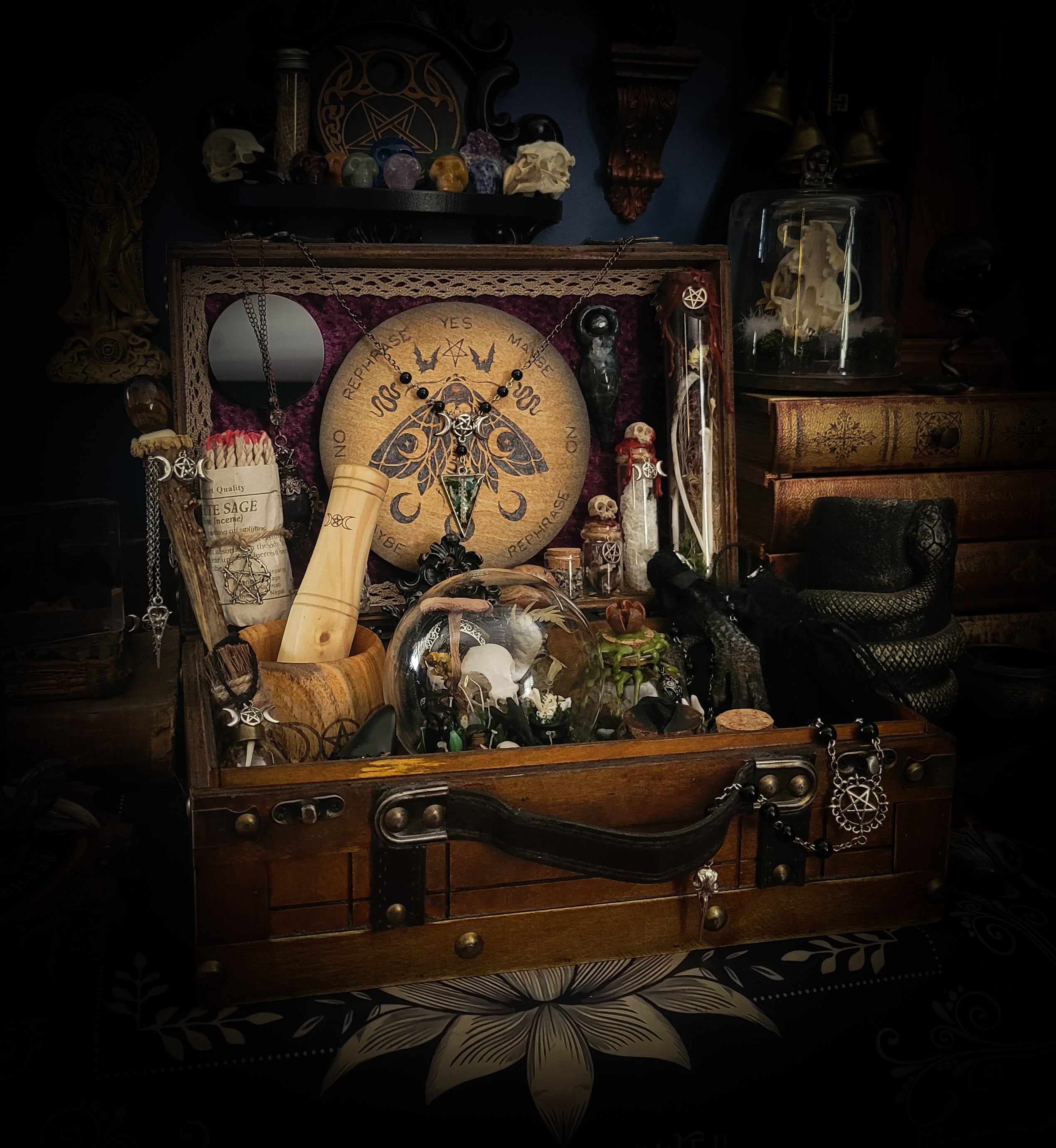 Universal Witch Altar Box — handmade witch altar box, made to order. Custom portable ritual space with pendulum board, obsidian scrying mirror, spell jars, wand, crystals, bones and symbolic elements. Dark witchcraft commission by Morbid Oddities.