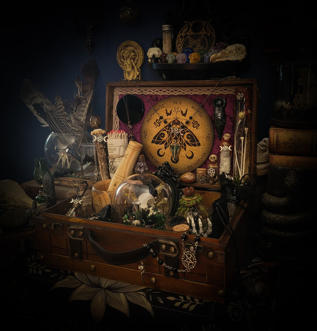 Universal Witch Altar Box — handmade witch altar box, made to order. Custom portable ritual space with pendulum board, obsidian scrying mirror, spell jars, wand, crystals, bones and symbolic elements. Dark witchcraft commission by Morbid Oddities.