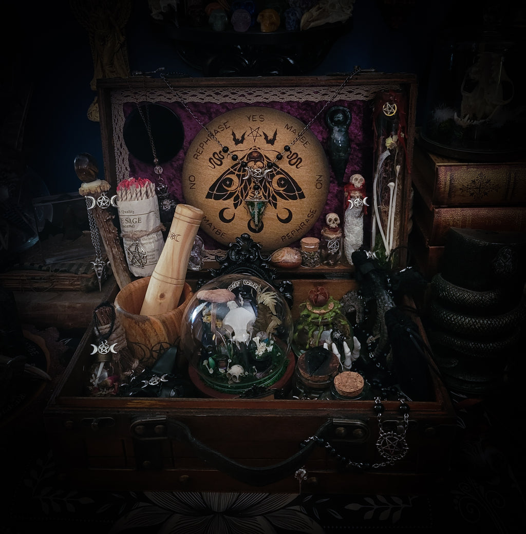 Universal Witch Altar Box — handmade witch altar box, made to order. Custom portable ritual space with pendulum board, obsidian scrying mirror, spell jars, wand, crystals, bones and symbolic elements. Dark witchcraft commission by Morbid Oddities.