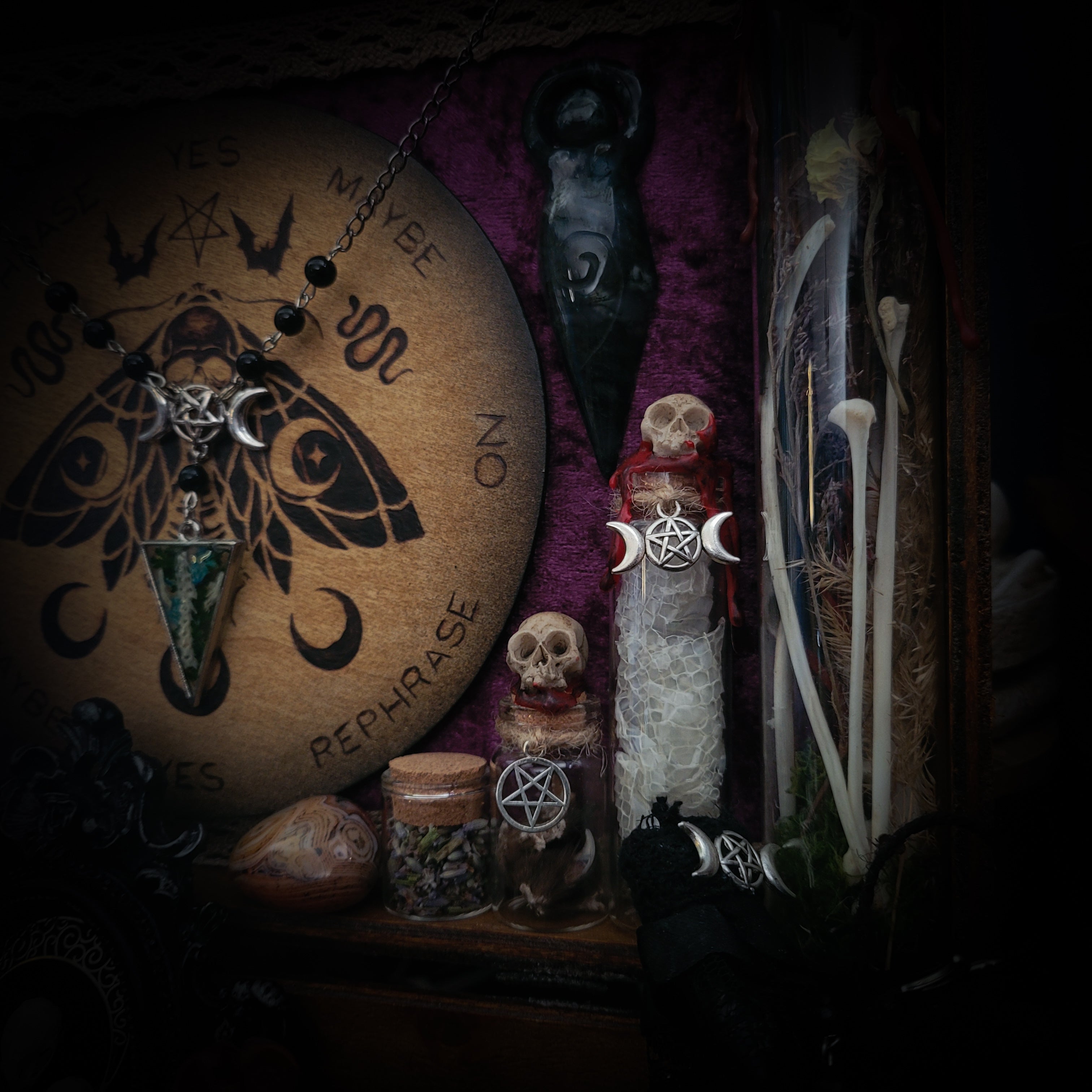 Universal Witch Altar Box — handmade witch altar box, made to order. Custom portable ritual space with pendulum board, obsidian scrying mirror, spell jars, wand, crystals, bones and symbolic elements. Dark witchcraft commission by Morbid Oddities.