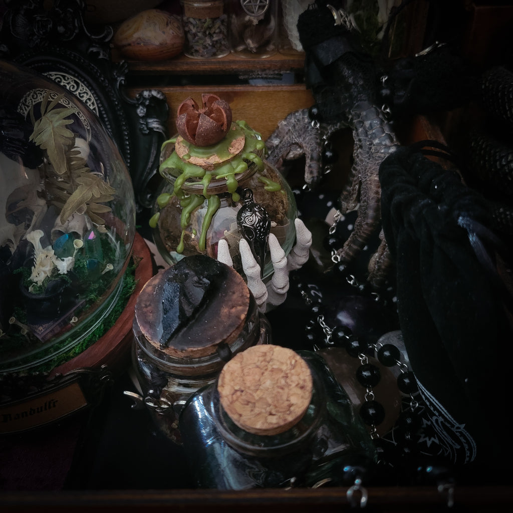 Universal Witch Altar Box — handmade witch altar box, made to order. Custom portable ritual space with pendulum board, obsidian scrying mirror, spell jars, wand, crystals, bones and symbolic elements. Dark witchcraft commission by Morbid Oddities.