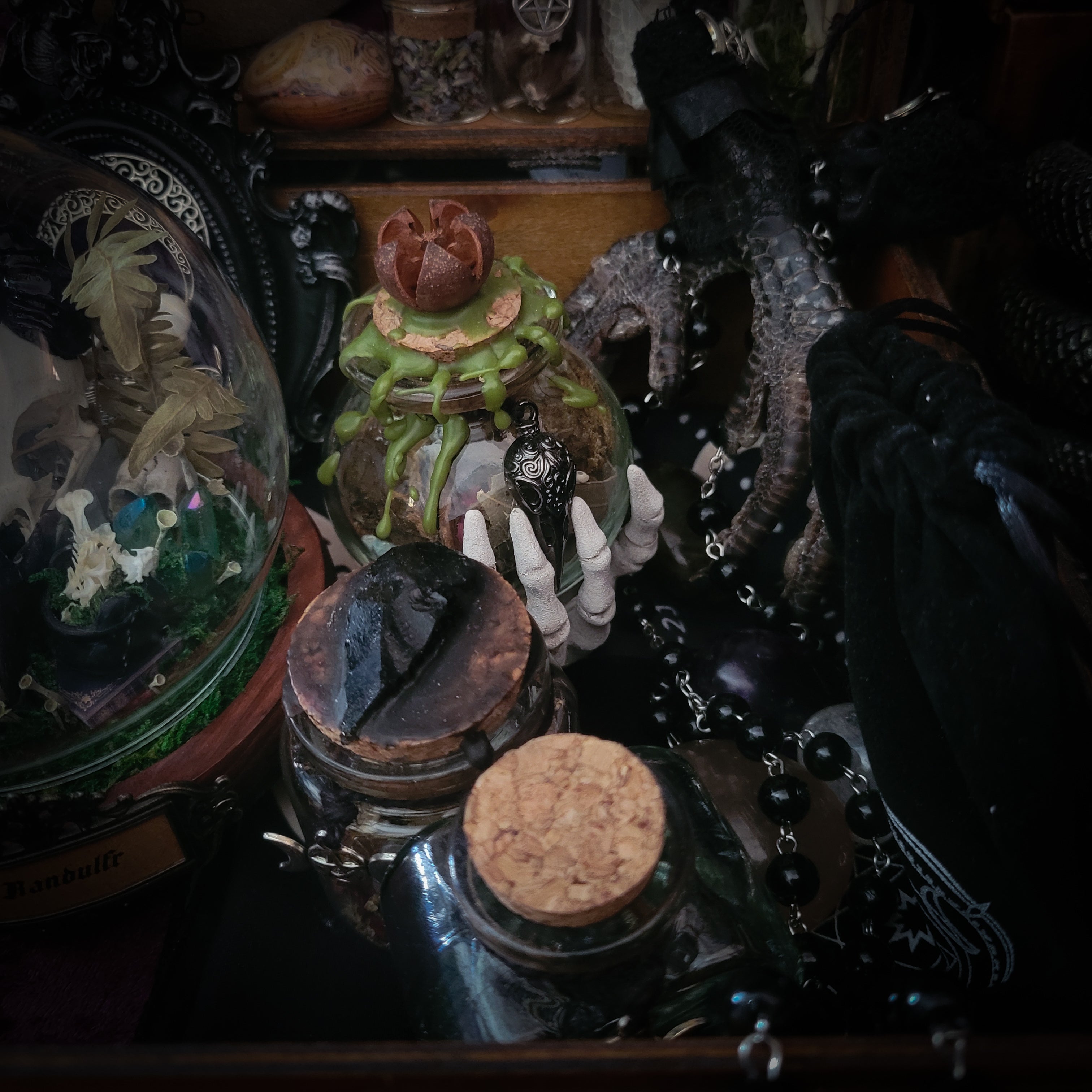 Universal Witch Altar Box — handmade witch altar box, made to order. Custom portable ritual space with pendulum board, obsidian scrying mirror, spell jars, wand, crystals, bones and symbolic elements. Dark witchcraft commission by Morbid Oddities.