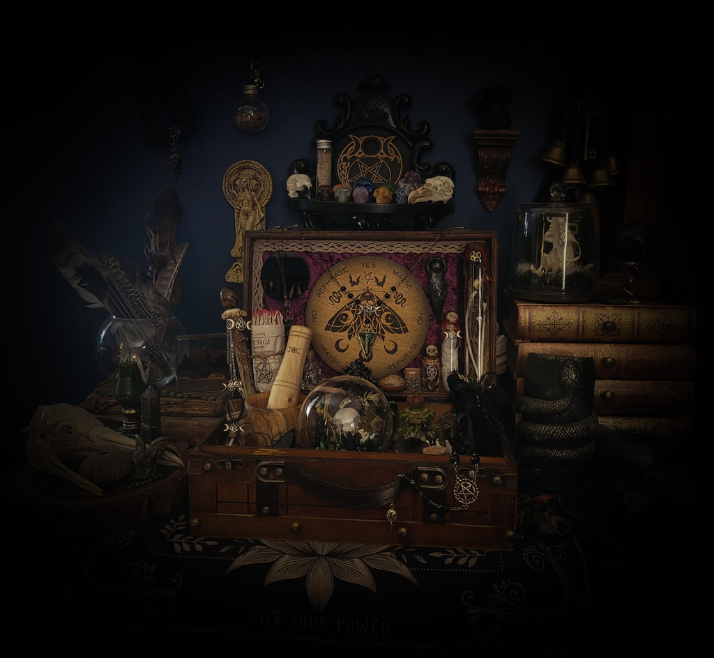 Universal Witch Altar Box — handmade witch altar box, made to order. Custom portable ritual space with pendulum board, obsidian scrying mirror, spell jars, wand, crystals, bones and symbolic elements. Dark witchcraft commission by Morbid Oddities.