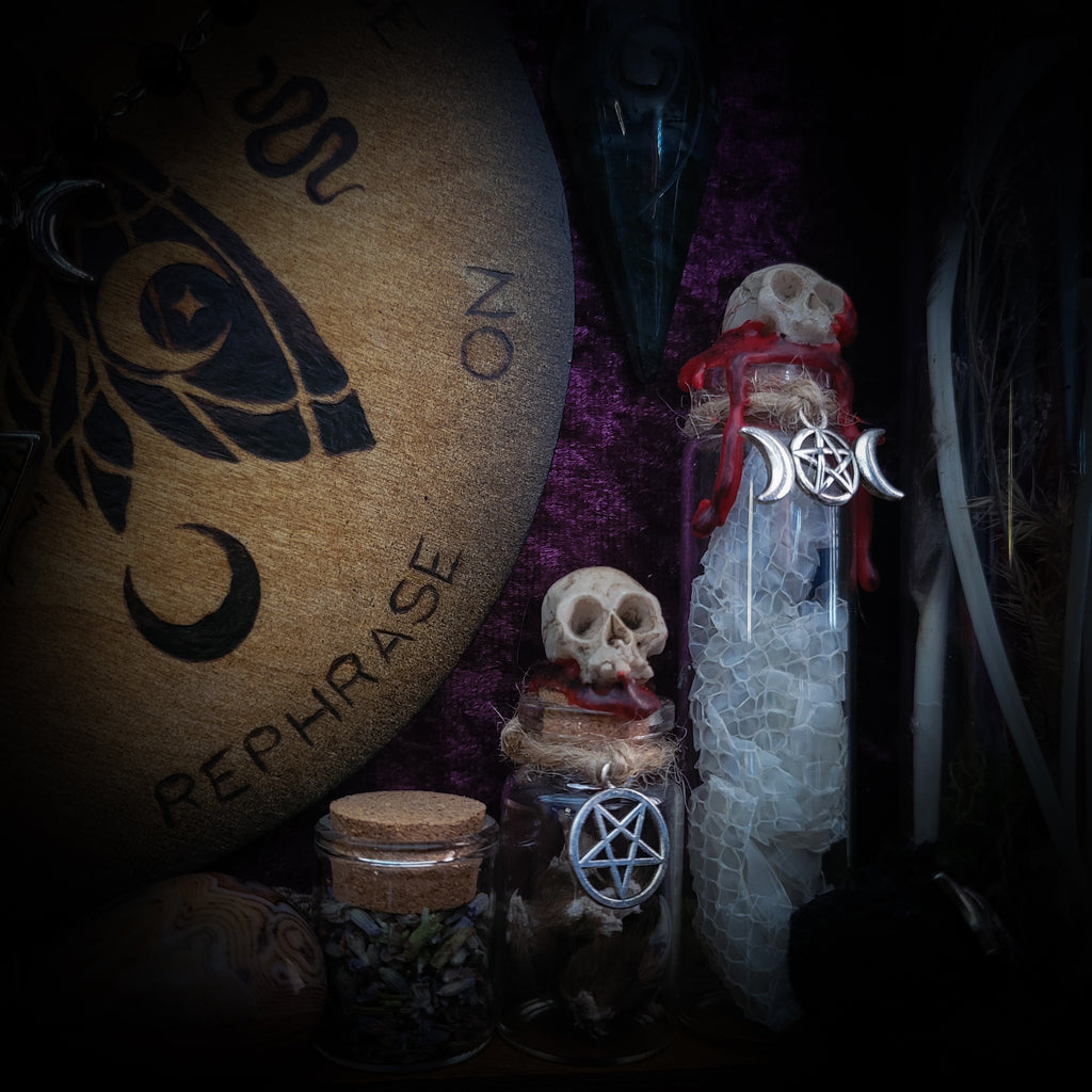 Universal Witch Altar Box — handmade witch altar box, made to order. Custom portable ritual space with pendulum board, obsidian scrying mirror, spell jars, wand, crystals, bones and symbolic elements. Dark witchcraft commission by Morbid Oddities.