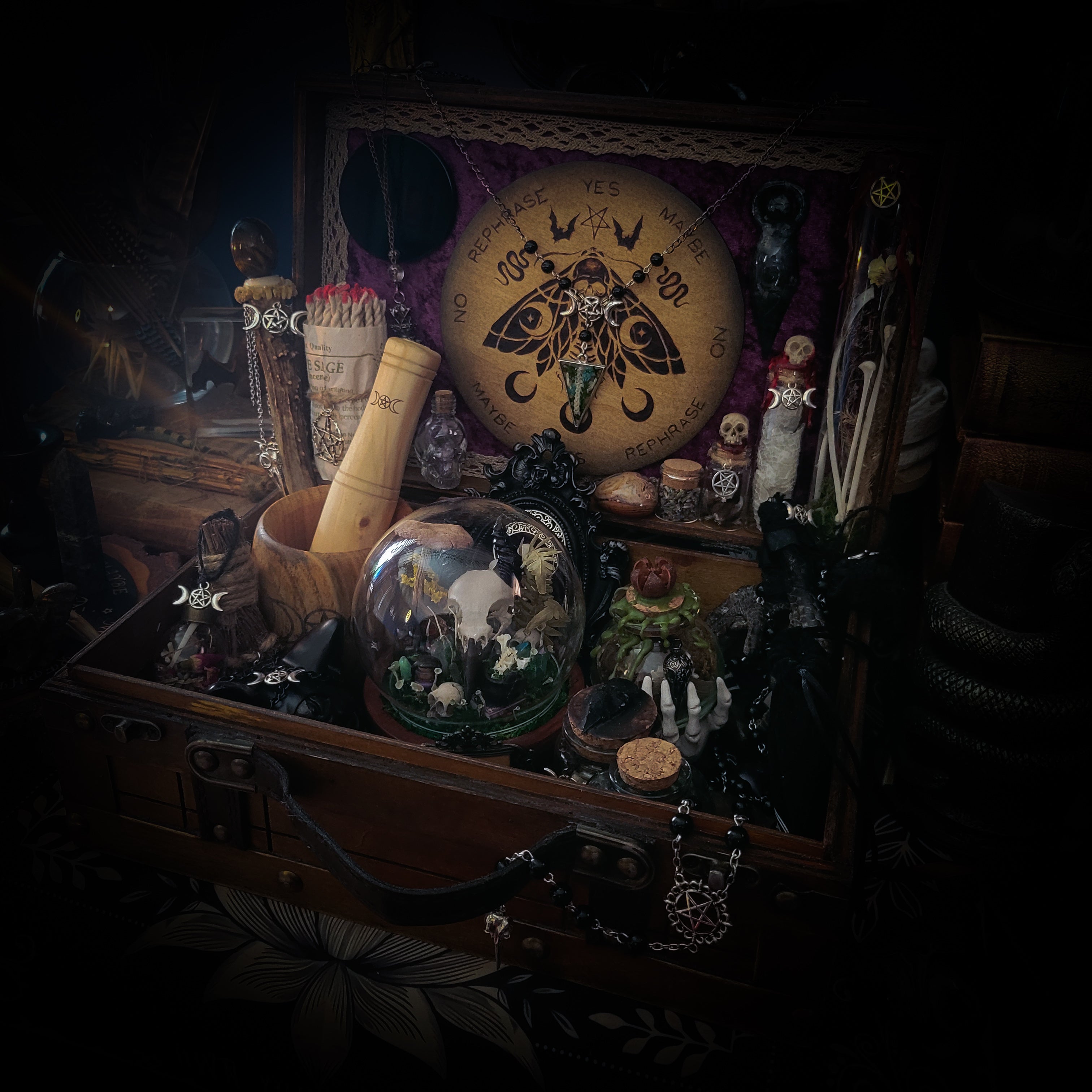 Universal Witch Altar Box — handmade witch altar box, made to order. Custom portable ritual space with pendulum board, obsidian scrying mirror, spell jars, wand, crystals, bones and symbolic elements. Dark witchcraft commission by Morbid Oddities.