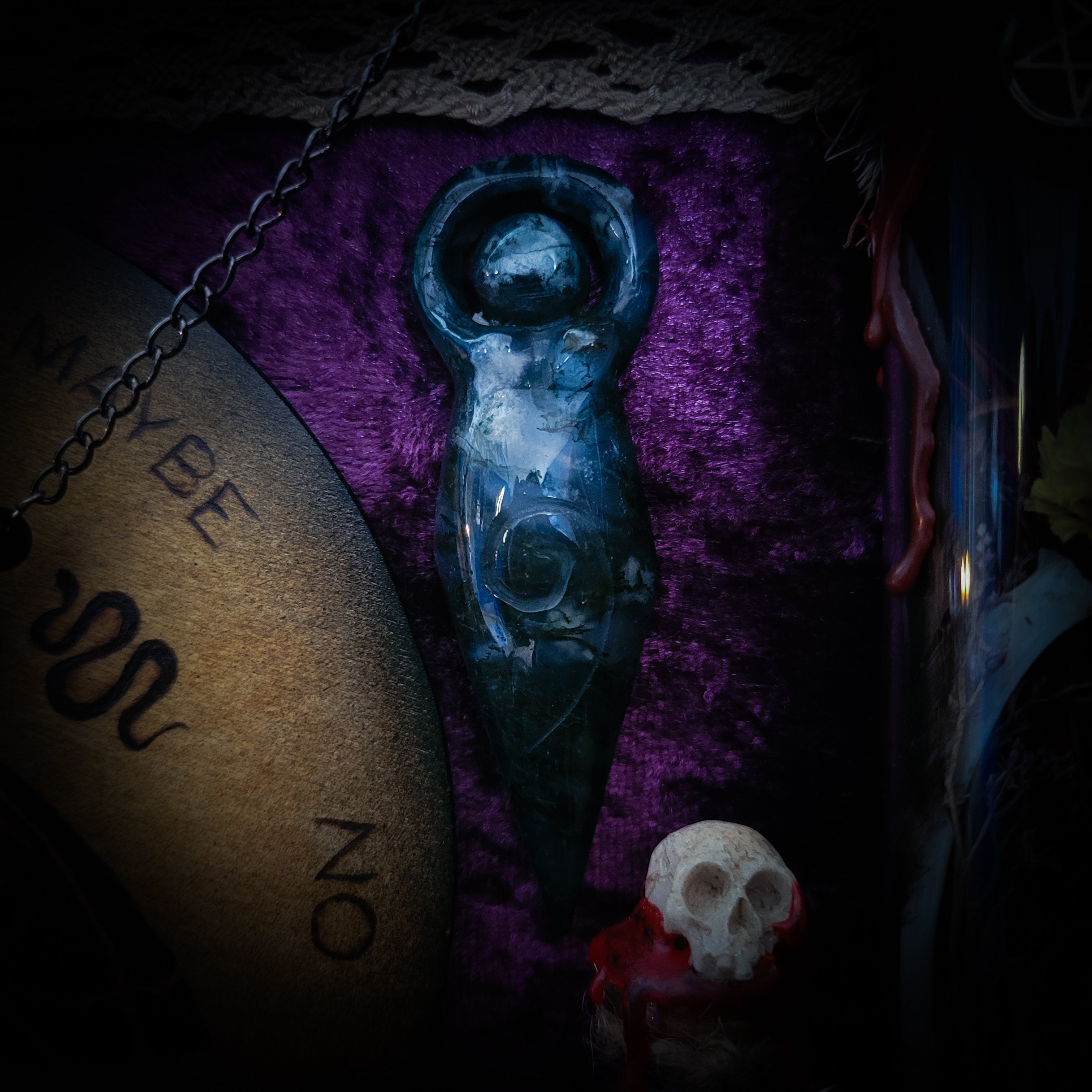Universal Witch Altar Box — handmade witch altar box, made to order. Custom portable ritual space with pendulum board, obsidian scrying mirror, spell jars, wand, crystals, bones and symbolic elements. Dark witchcraft commission by Morbid Oddities.