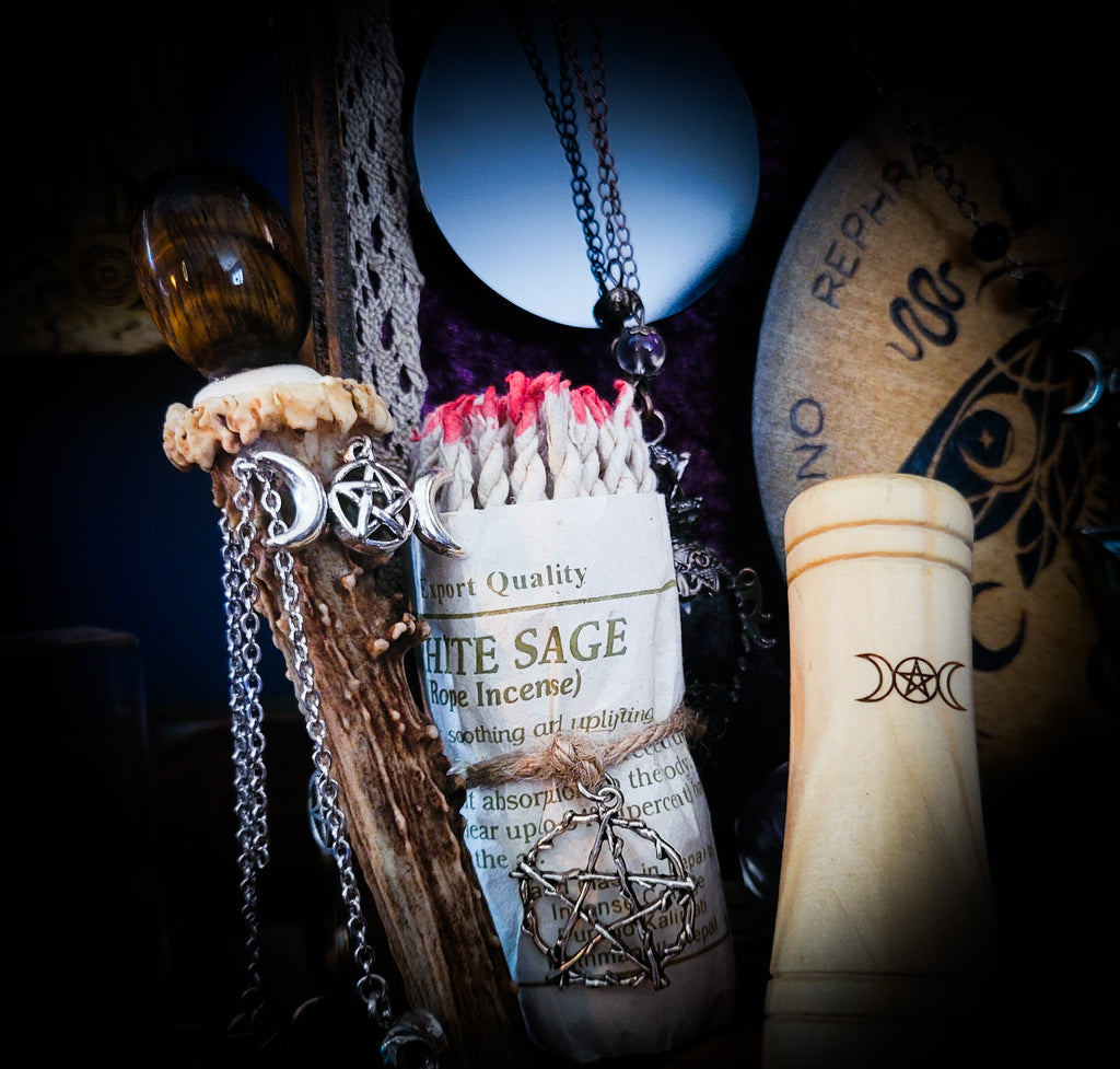 Universal Witch Altar Box — handmade witch altar box, made to order. Custom portable ritual space with pendulum board, obsidian scrying mirror, spell jars, wand, crystals, bones and symbolic elements. Dark witchcraft commission by Morbid Oddities.