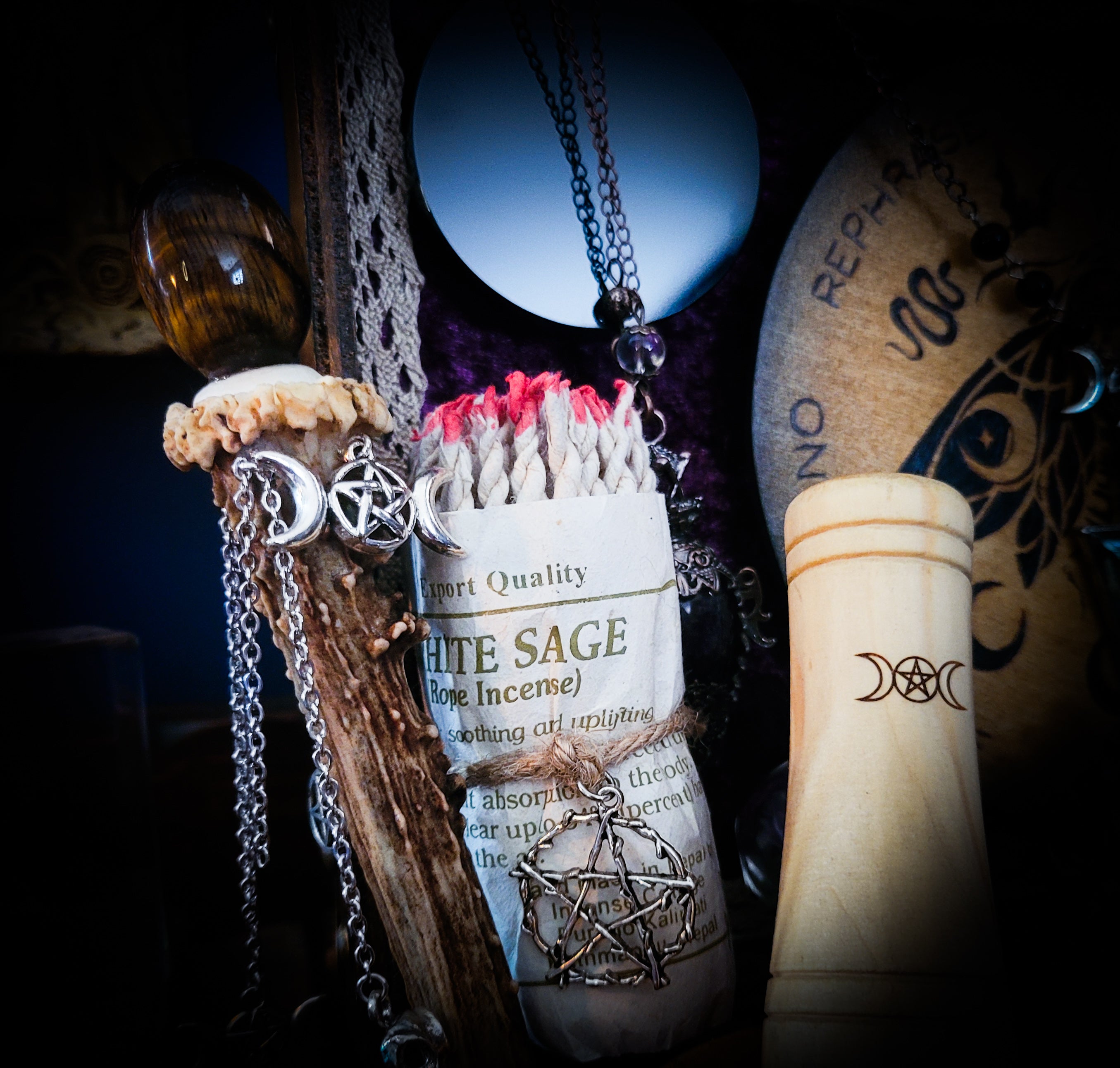 Universal Witch Altar Box — handmade witch altar box, made to order. Custom portable ritual space with pendulum board, obsidian scrying mirror, spell jars, wand, crystals, bones and symbolic elements. Dark witchcraft commission by Morbid Oddities.